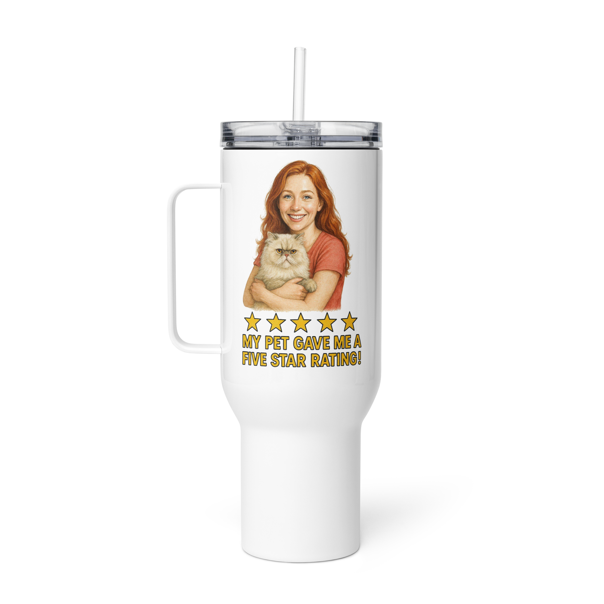 Red Hair Woman with Persian Cat Travel Mug