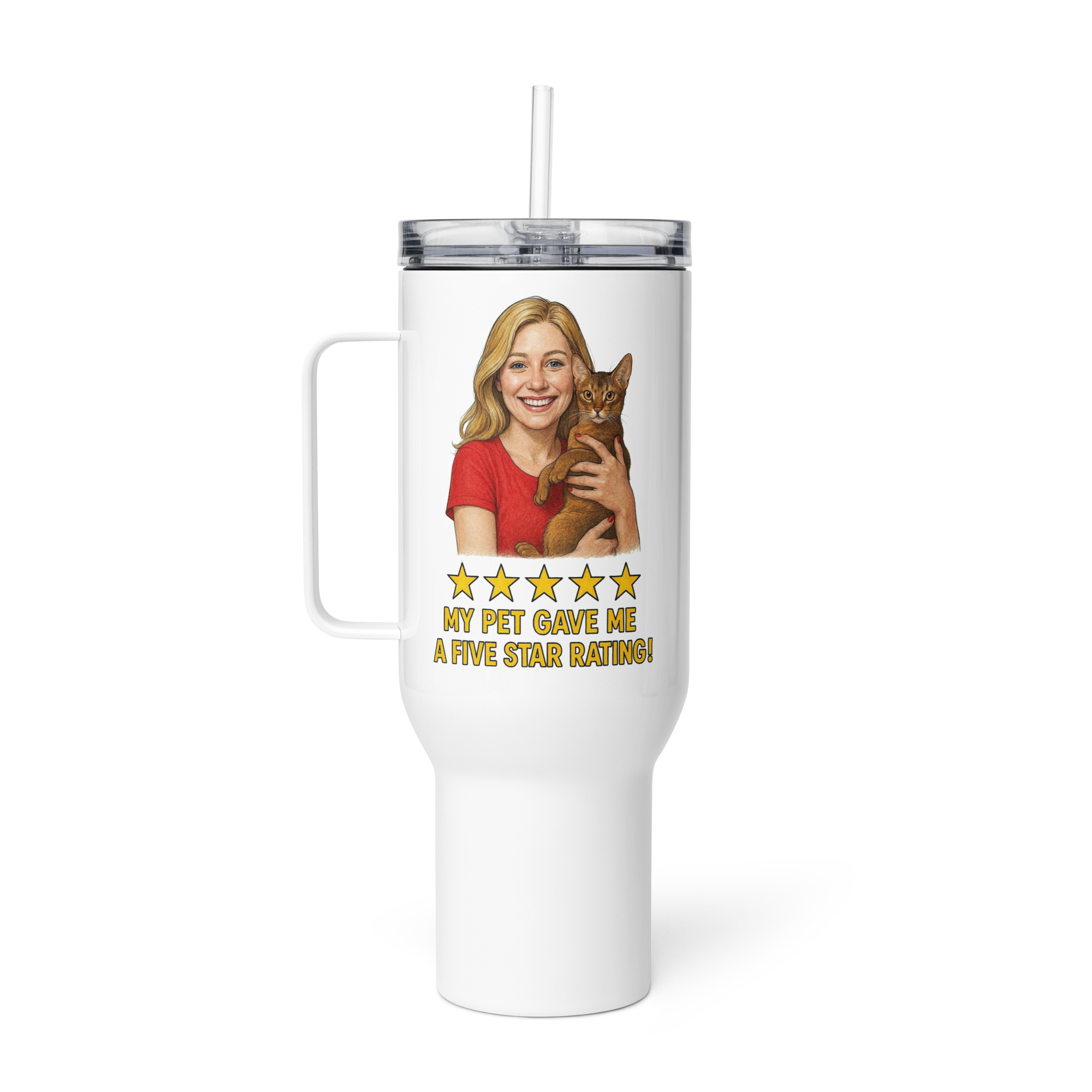 Blonde Woman RED Shirt with Abyssinian Cat Travel Mug