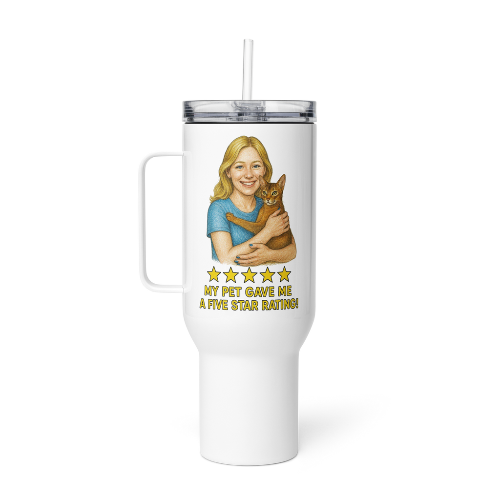 Blonde Woman BLUE Shirt with Abyssinian Cat Travel Mug