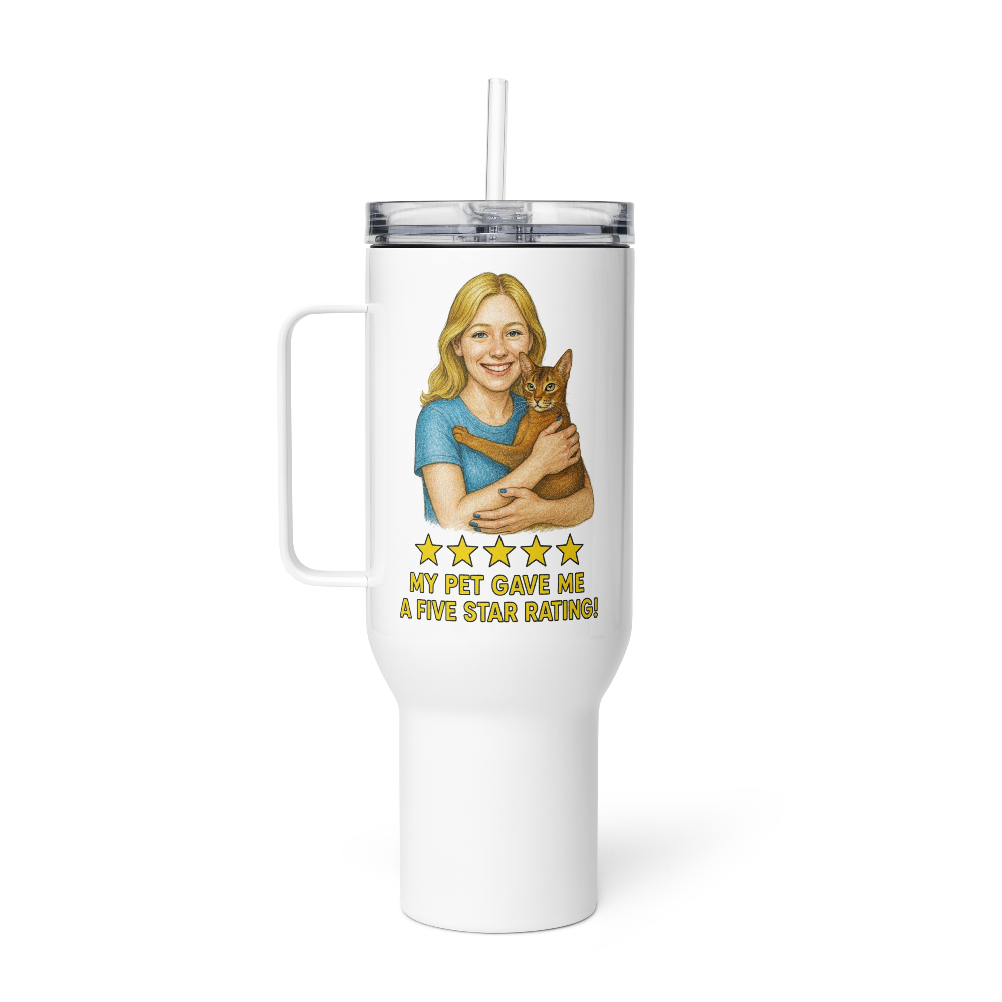 Blonde Woman BLUE Shirt with Abyssinian Cat Travel Mug