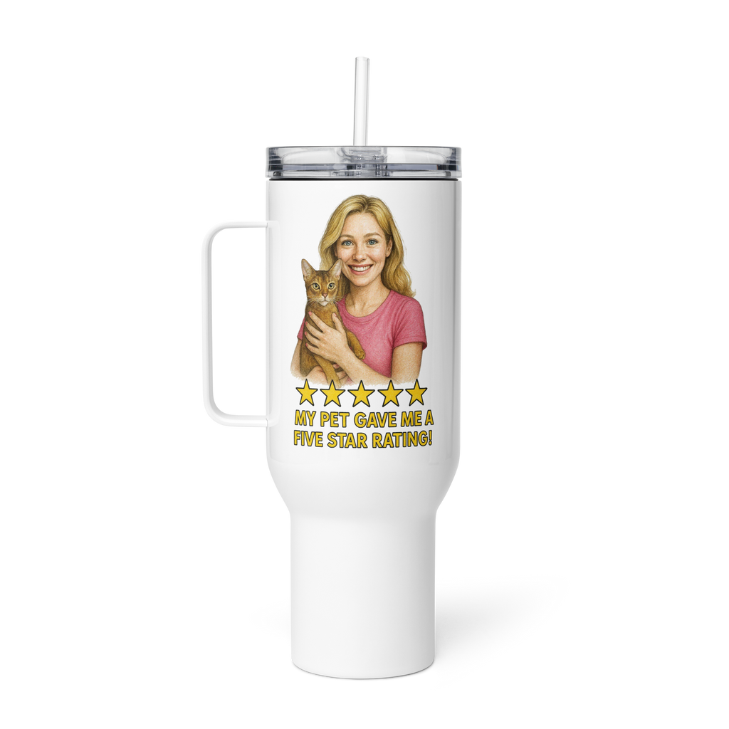 Blonde Woman PINK Shirt with Abyssinian Cat Travel Mug