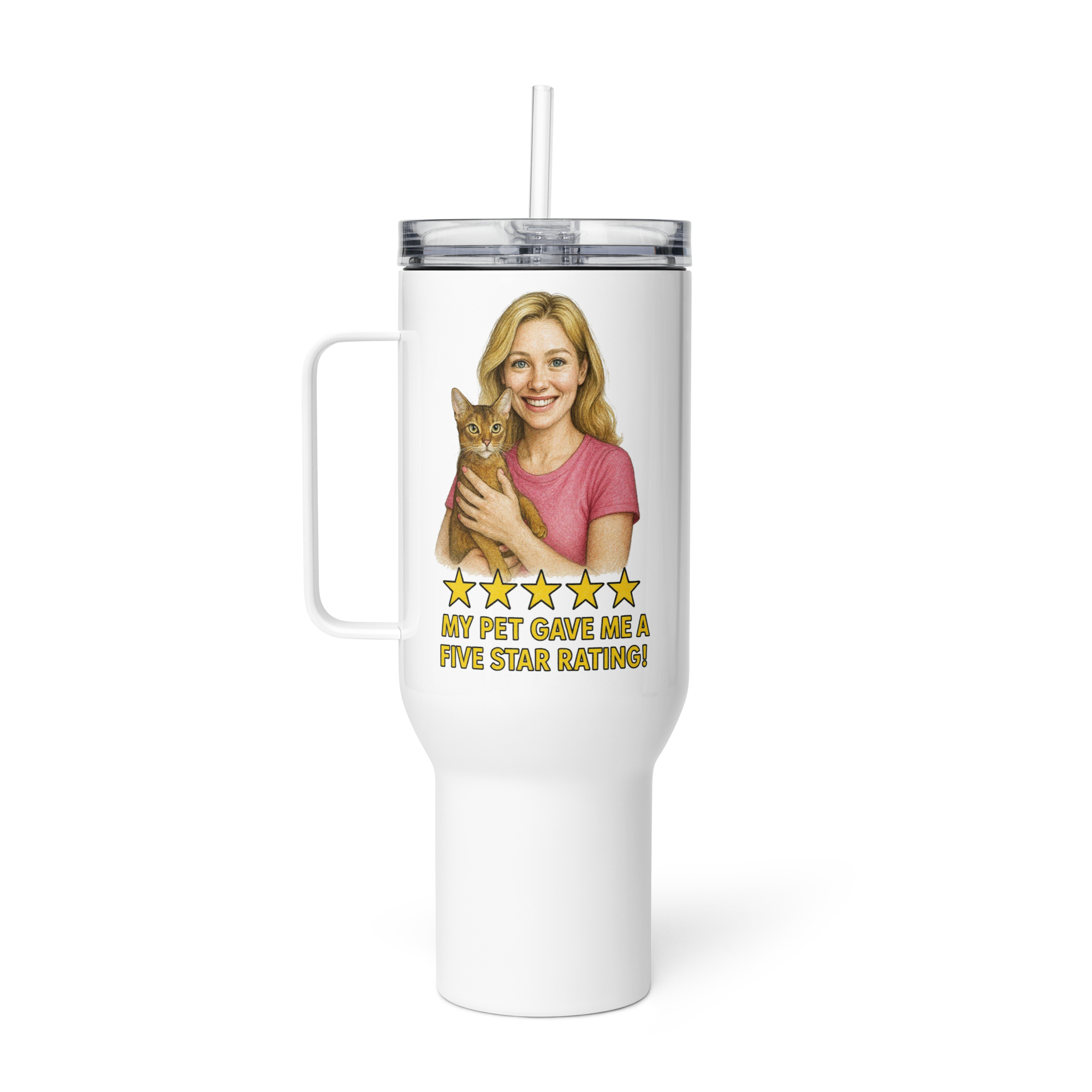Blonde Woman PINK Shirt with Abyssinian Cat Travel Mug