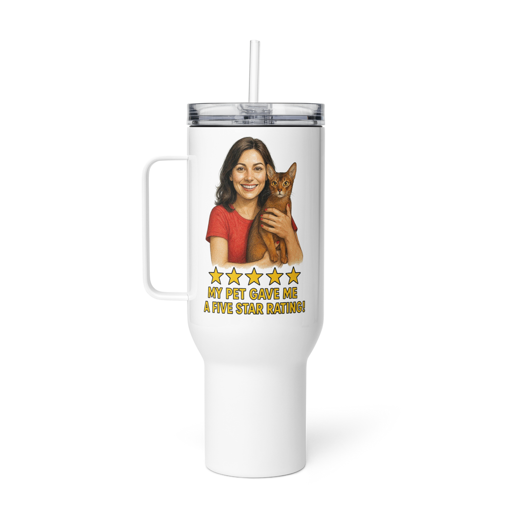 Brunette Woman RED Shirt with Abyssinian Cat Travel Mug