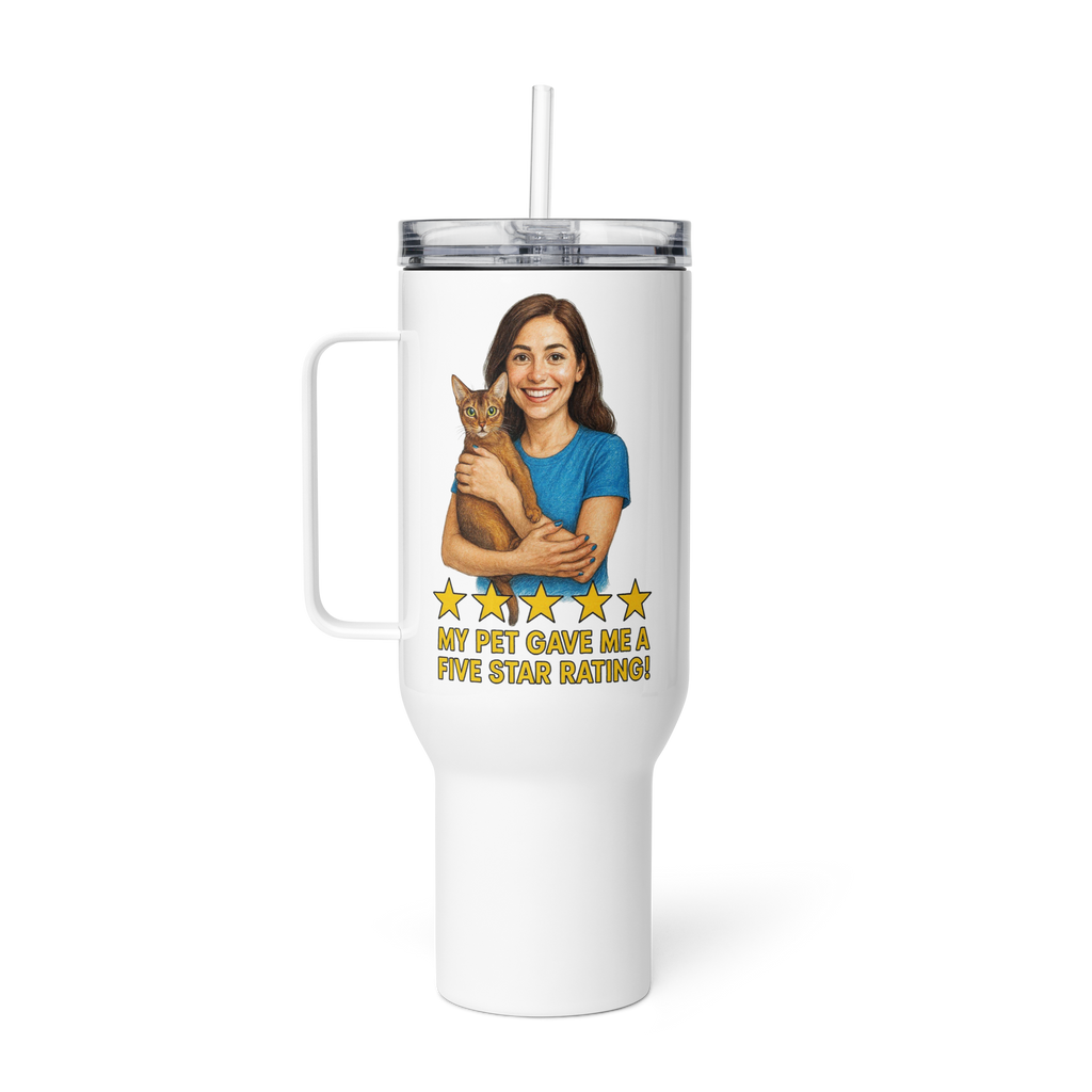 Brunette Woman BLUE Shirt with Abyssinian Cat Travel Mug