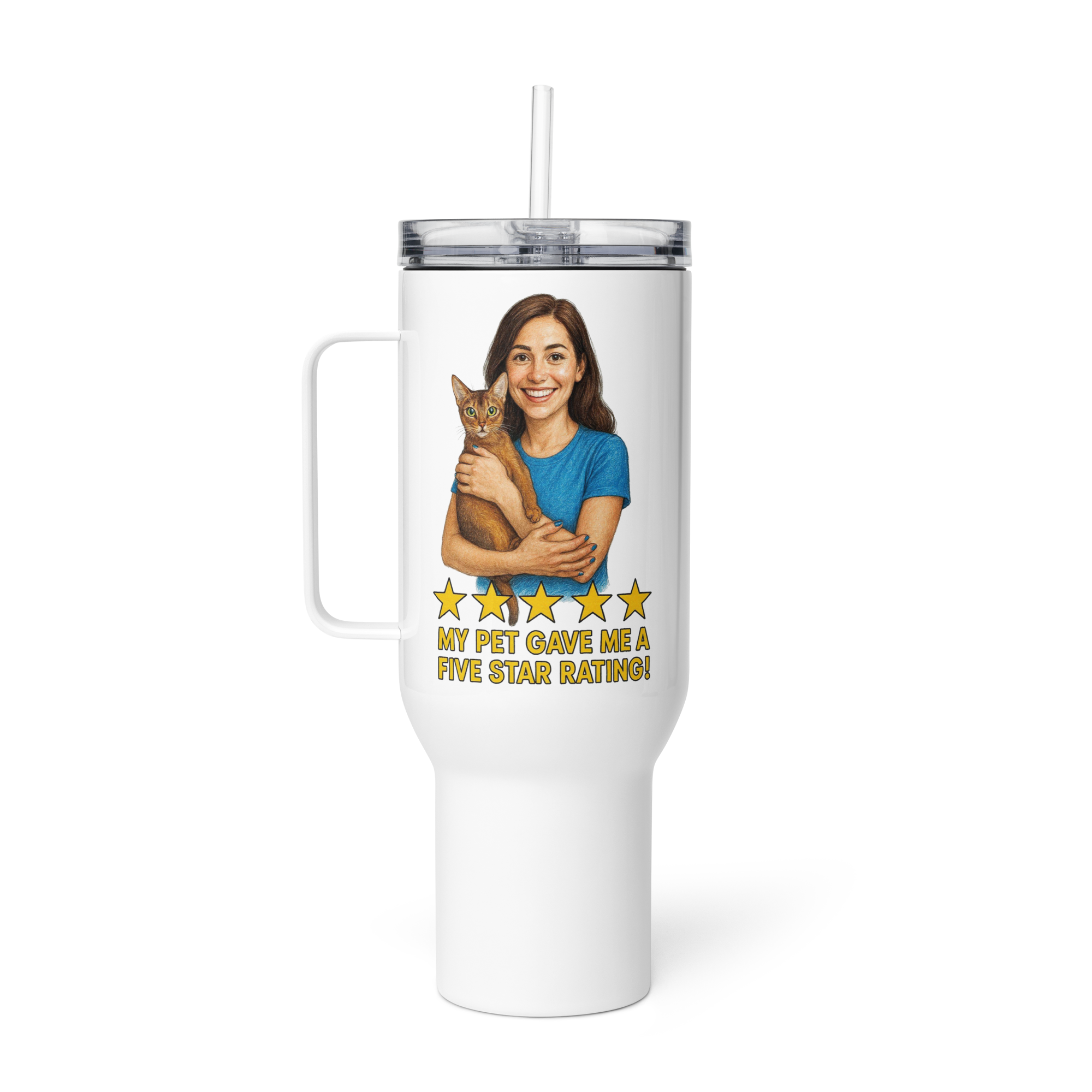 Brunette Woman BLUE Shirt with Abyssinian Cat Travel Mug