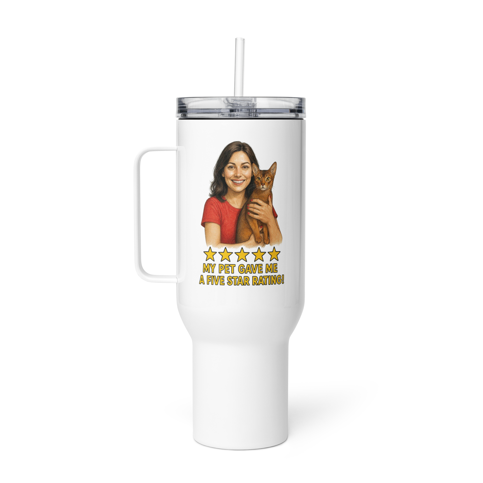 Brunette Woman PINK Shirt with Abyssinian Cat Travel Mug