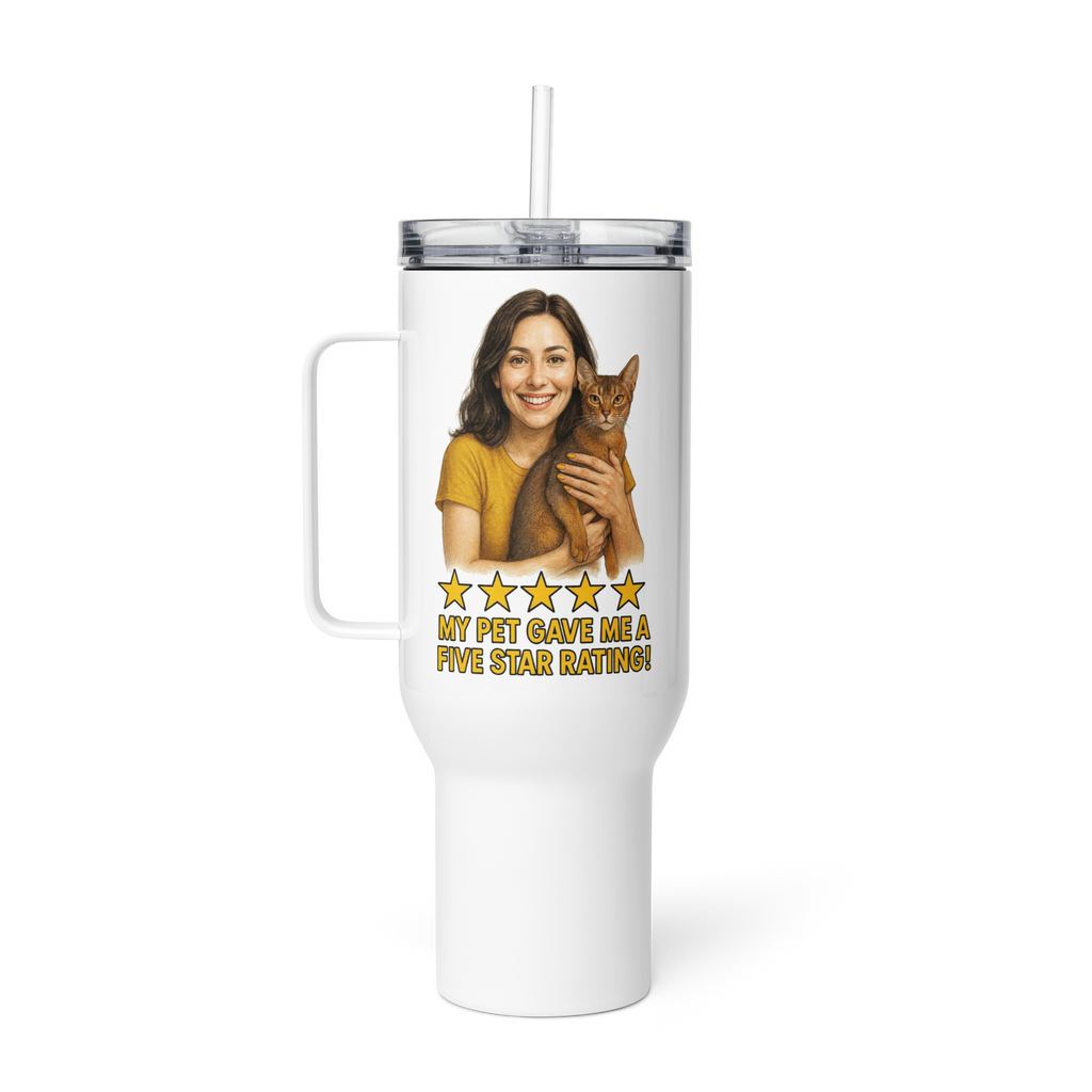 Brunette Woman GOLD Shirt with Abyssinian Cat Travel Mug