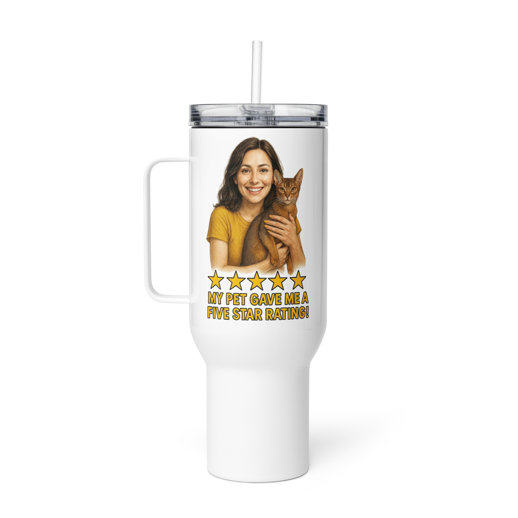 Brunette Woman GOLD Shirt with Abyssinian Cat Travel Mug