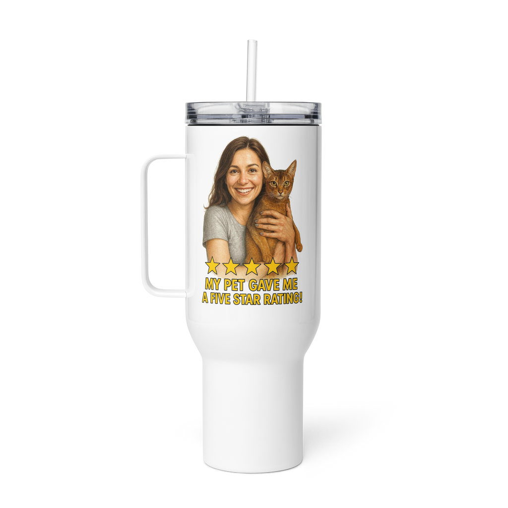 Brunette Woman SILVER Shirt with Abyssinian Cat Travel Mug