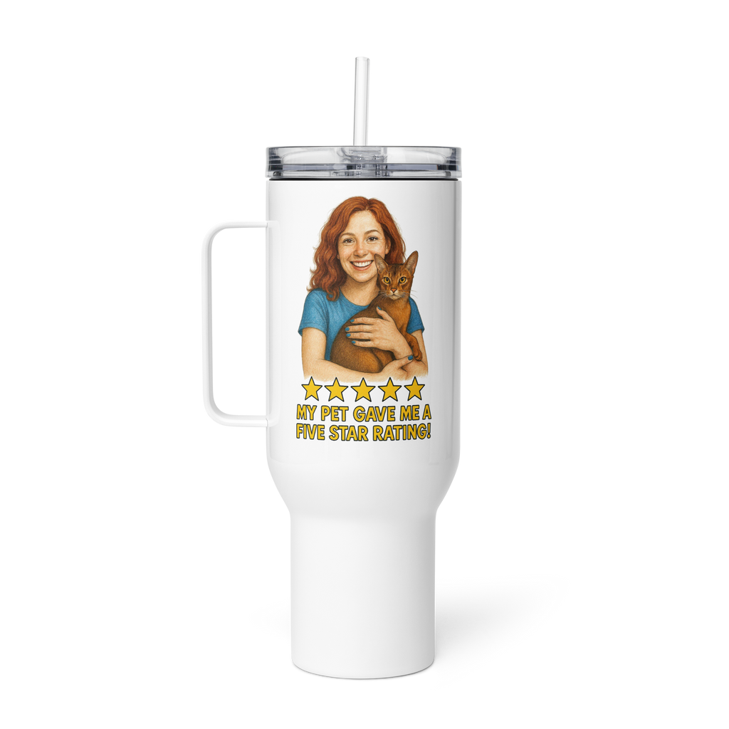 Red Hair Woman BLUE Shirt with Abyssinian Cat Travel Mug