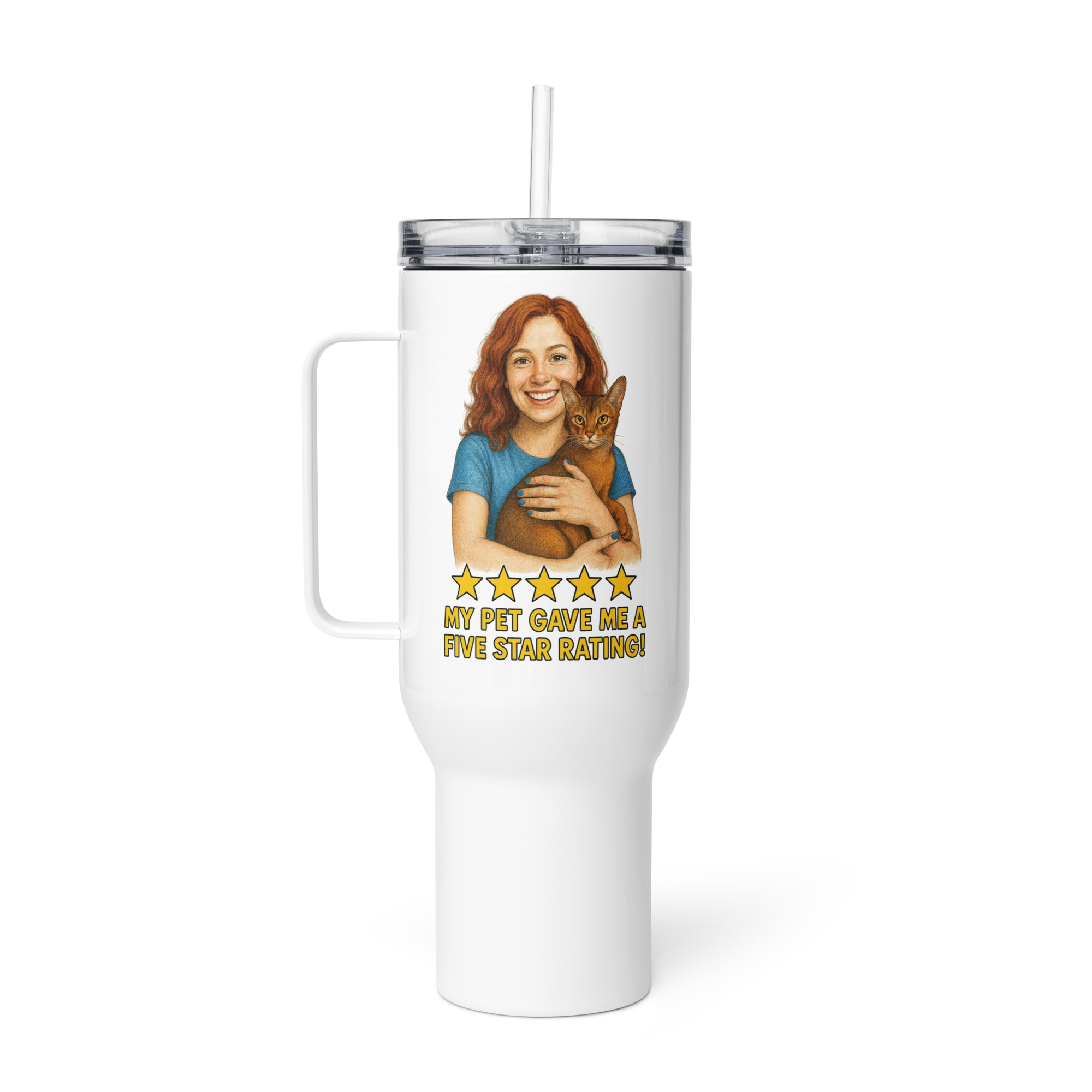 Red Hair Woman BLUE Shirt with Abyssinian Cat Travel Mug