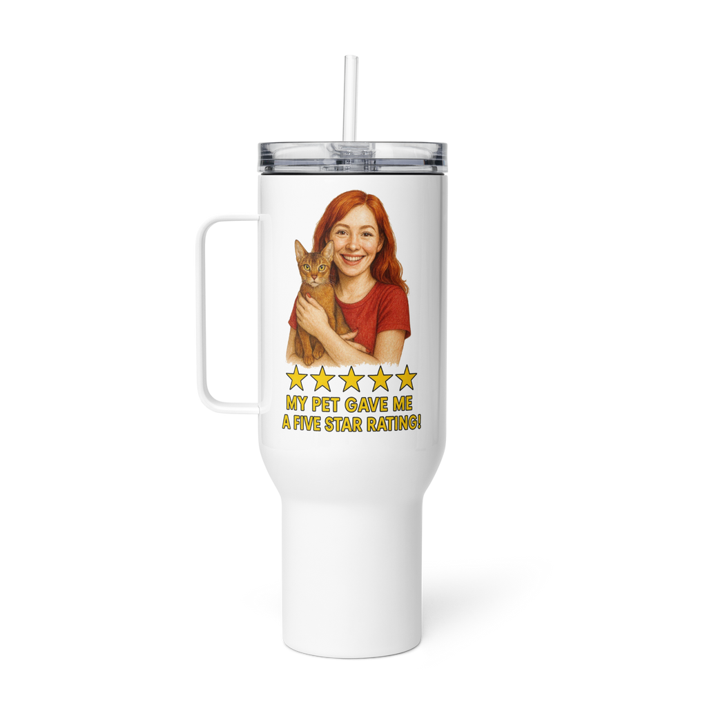 Red Hair Woman RED Shirt with Abyssinian Cat Travel Mug