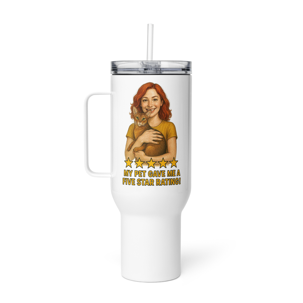 Red Hair Woman GOLD Shirt with Abyssinian Cat Travel Mug
