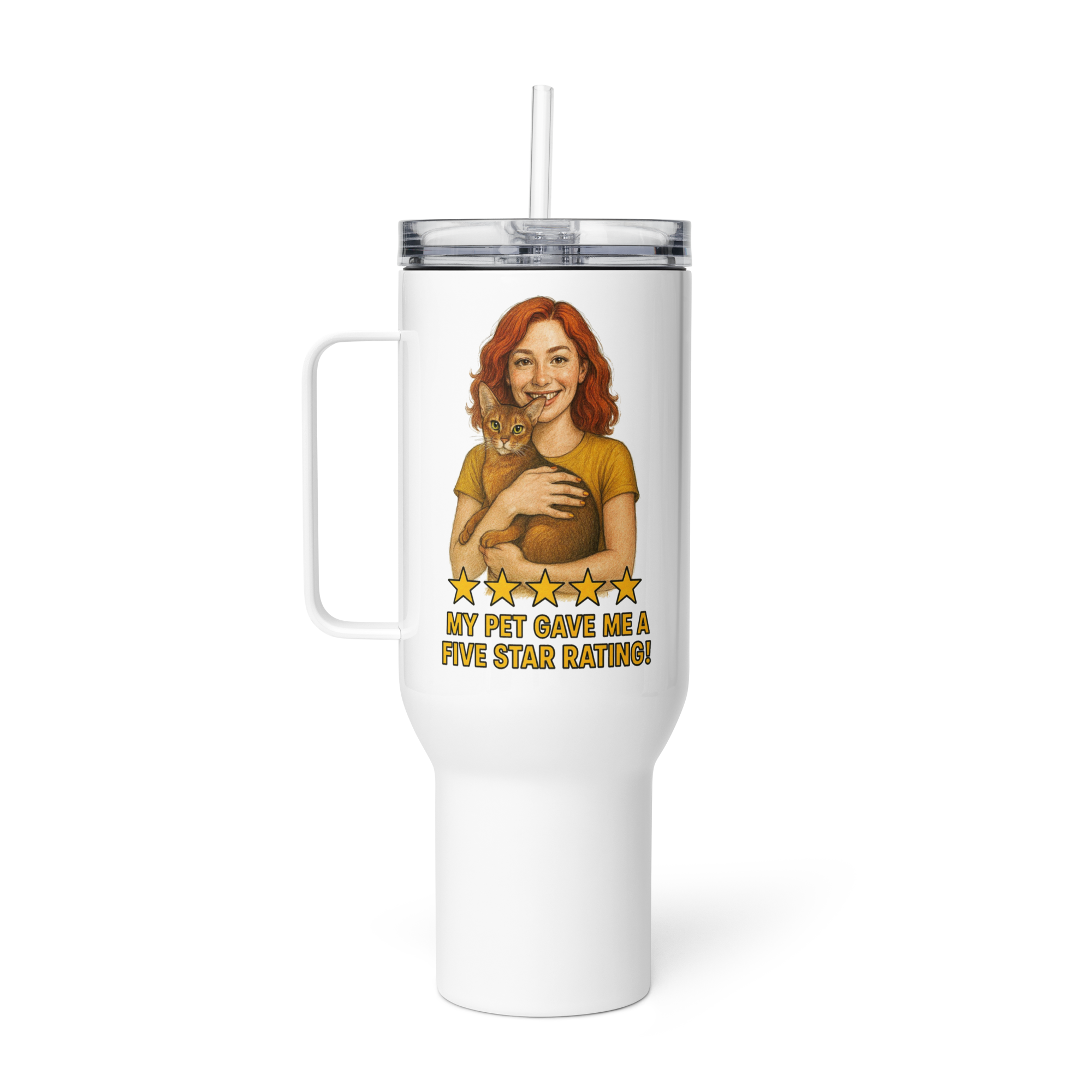 Red Hair Woman GOLD Shirt with Abyssinian Cat Travel Mug