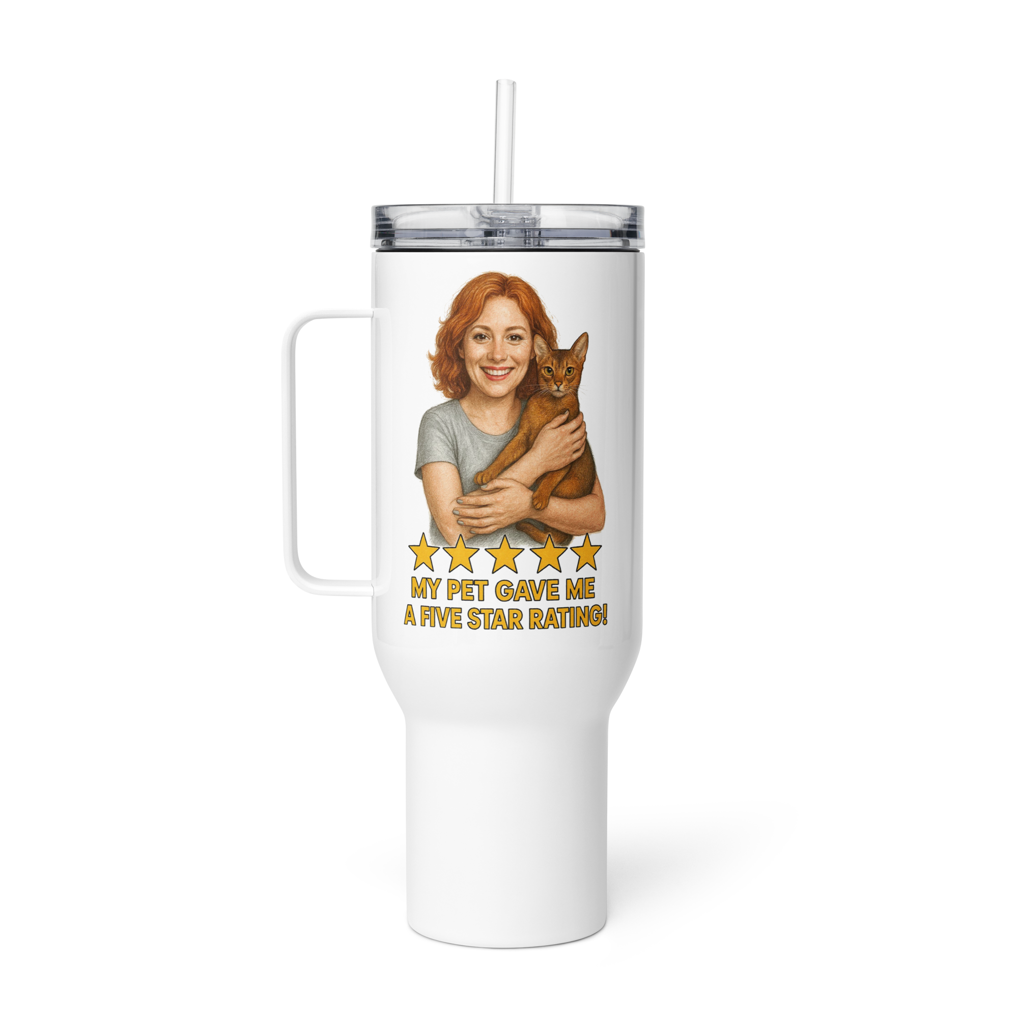 Red Hair Woman SILVER Shirt with Abyssinian Cat Travel Mug