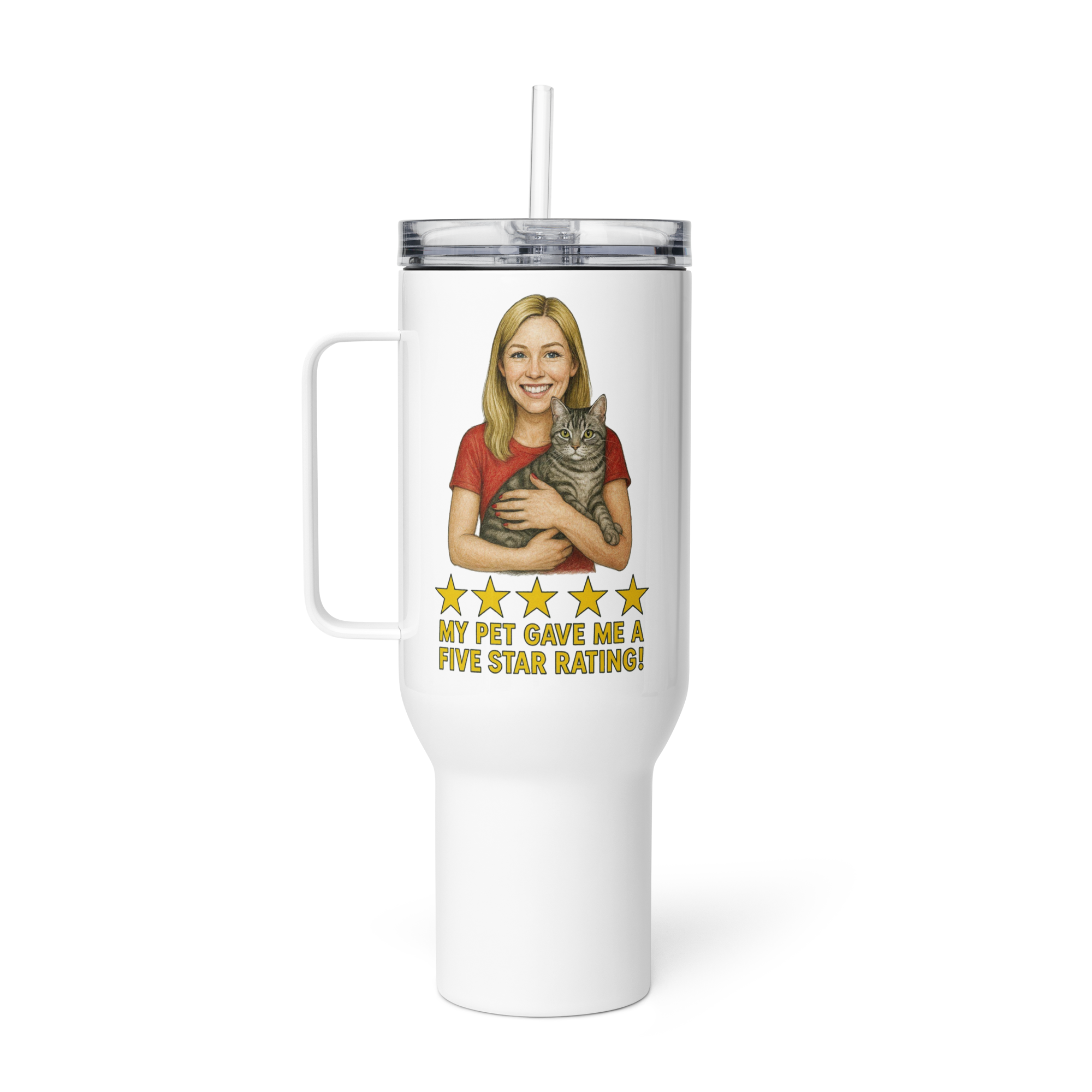 Blonde Woman RED Shirt with American Shorthair Cat Travel Mug