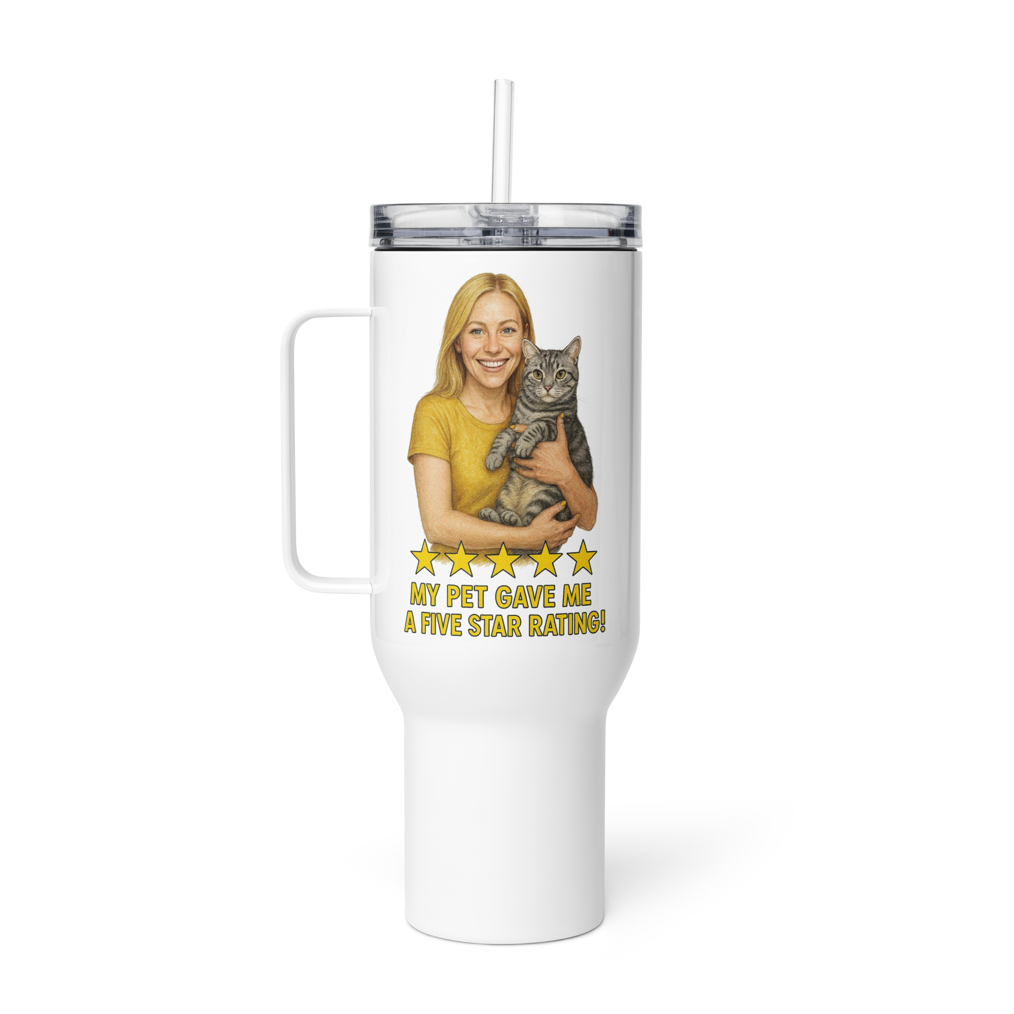 Blonde Woman GOLD Shirt with American Shorthair Cat Travel Mug