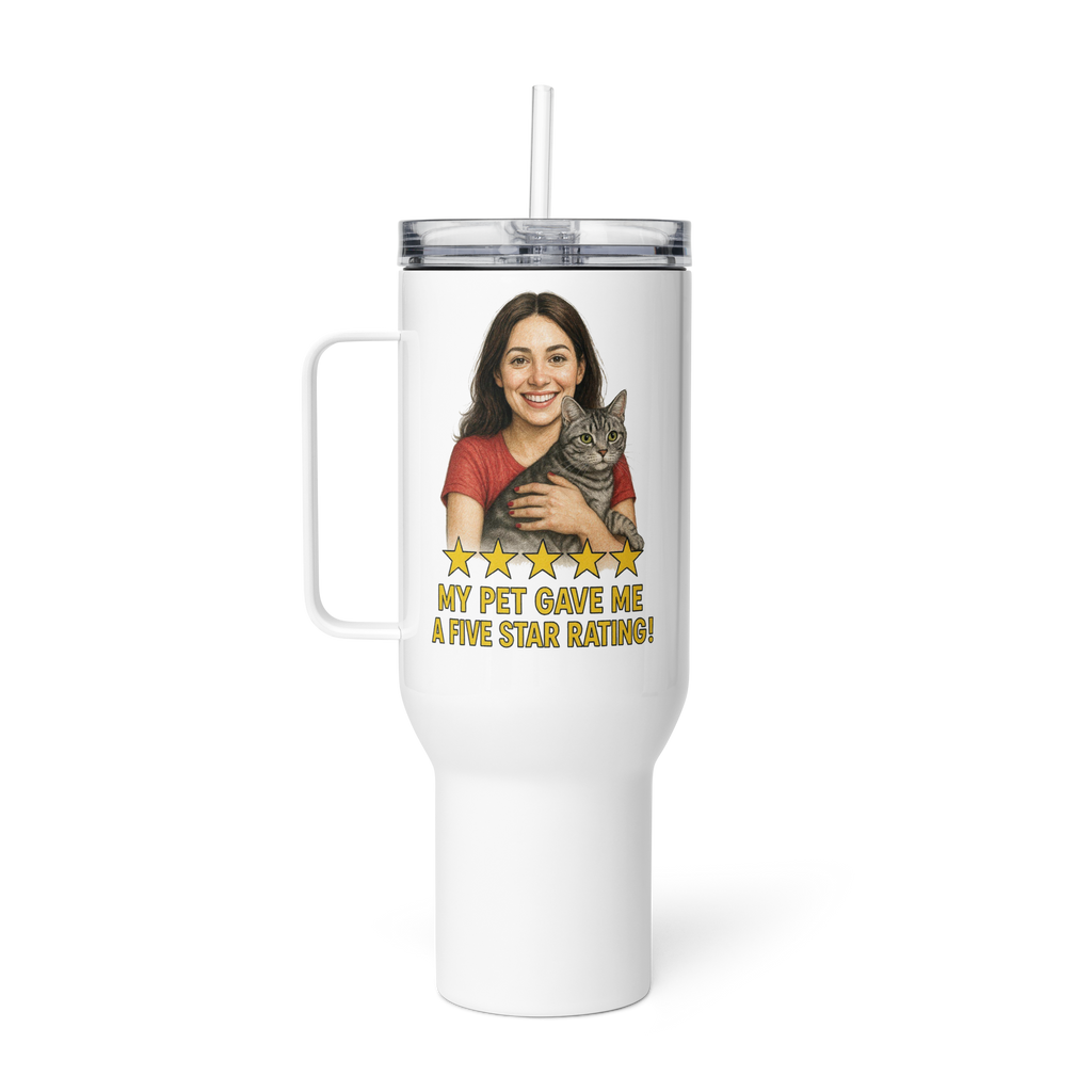 Brunette Woman RED Shirt with American Shorthair Cat Travel Mug