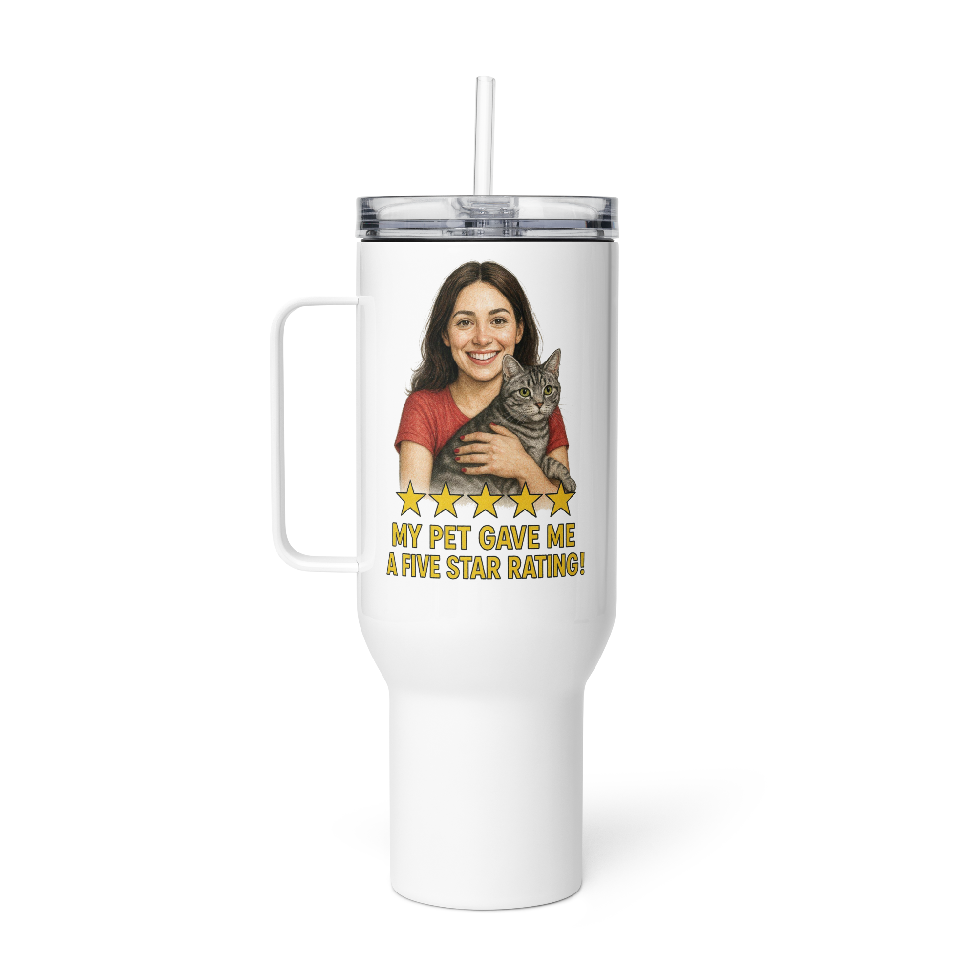 Brunette Woman RED Shirt with American Shorthair Cat Travel Mug