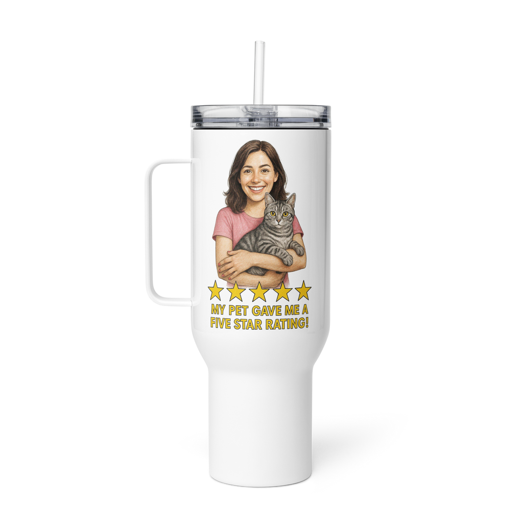Brunette Woman PINK Shirt with American Shorthair Cat Travel Mug