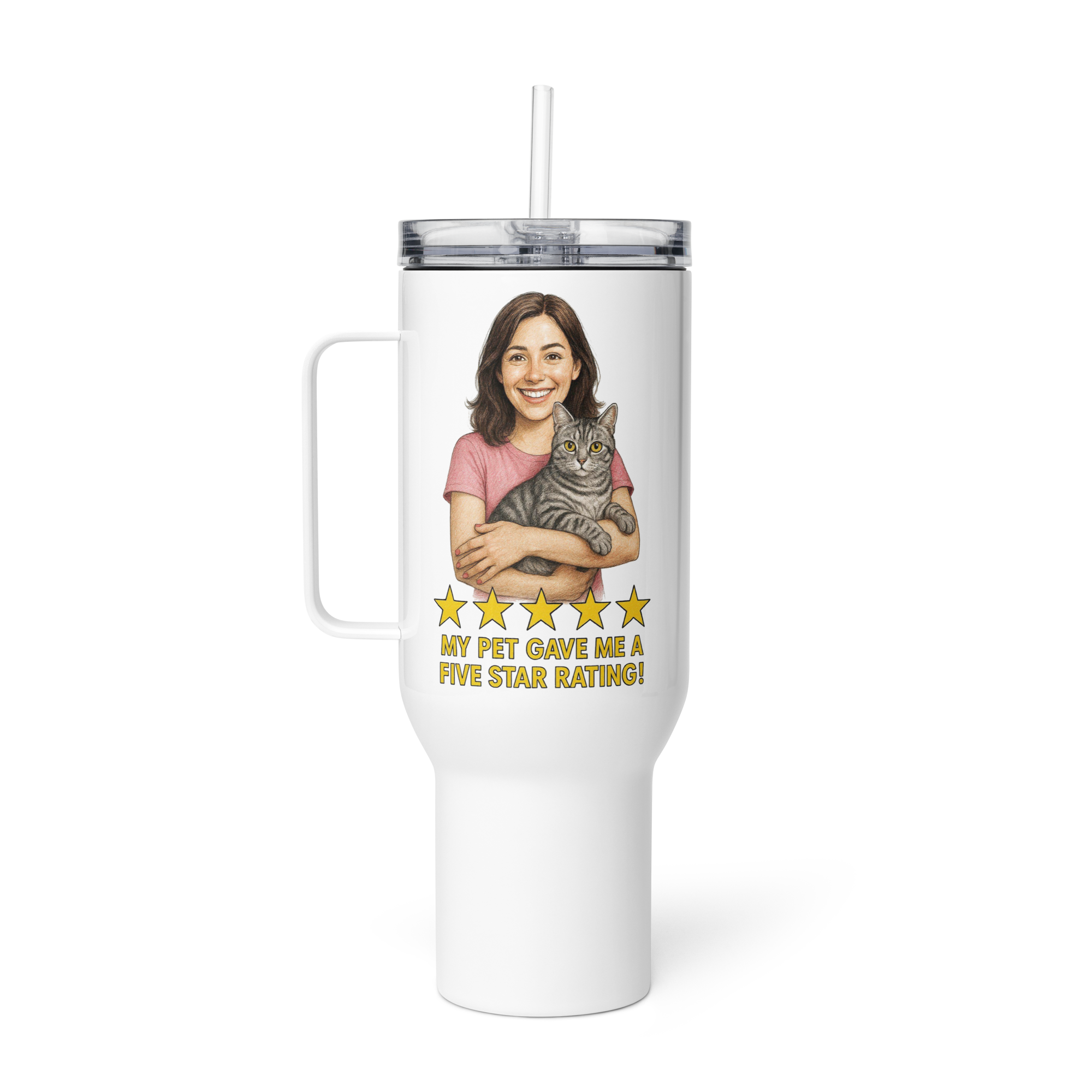 Brunette Woman PINK Shirt with American Shorthair Cat Travel Mug