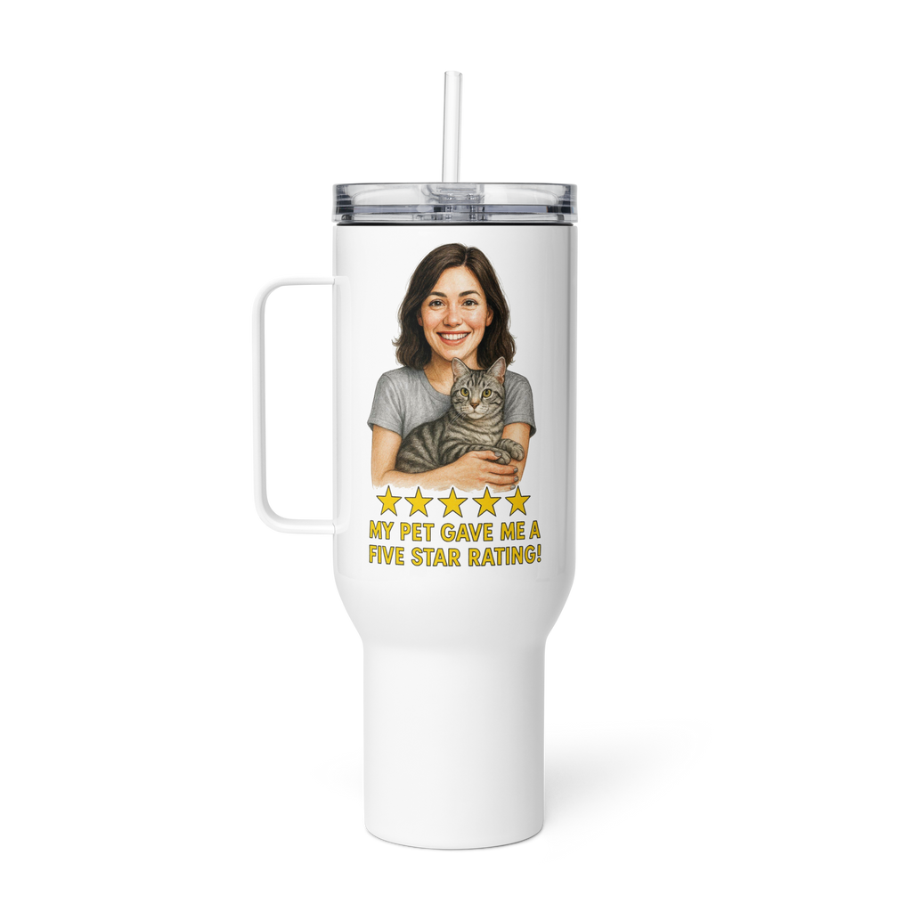 Brunette Woman SILVER Shirt with American Shorthair Cat Travel Mug