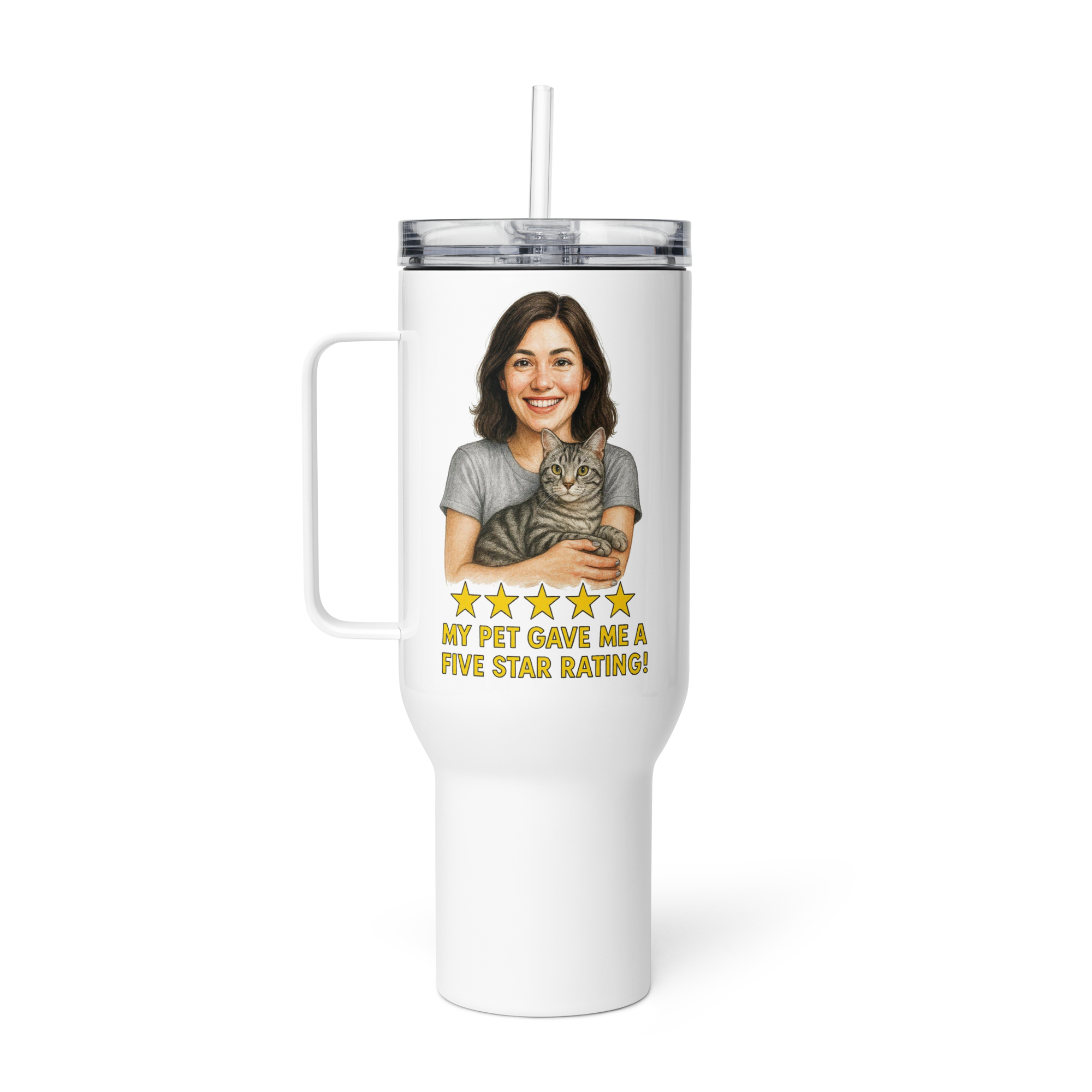Brunette Woman SILVER Shirt with American Shorthair Cat Travel Mug