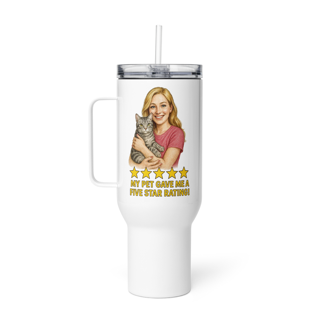 Blonde Woman PINK Shirt with American Shorthair Cat Travel Mug