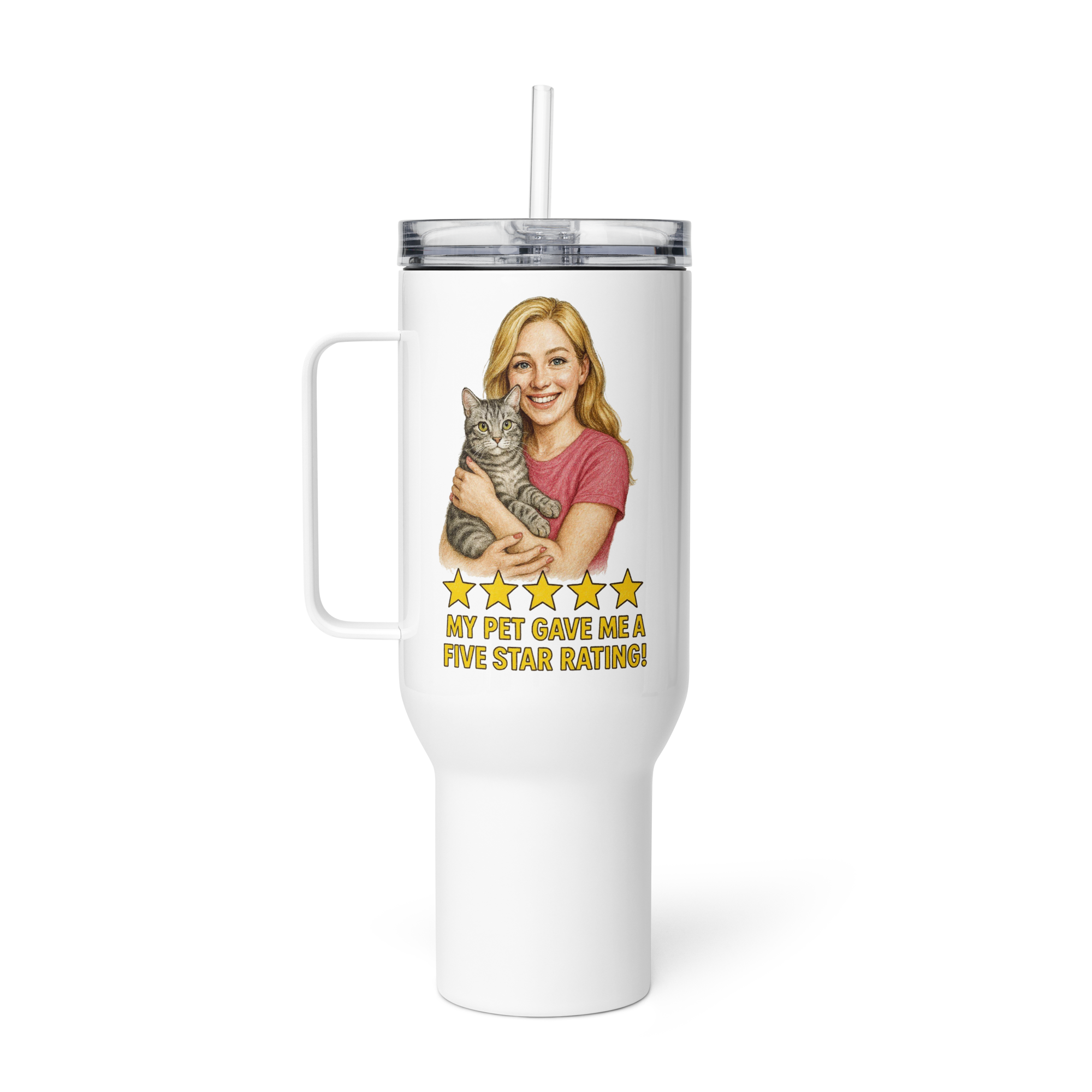 Blonde Woman PINK Shirt with American Shorthair Cat Travel Mug
