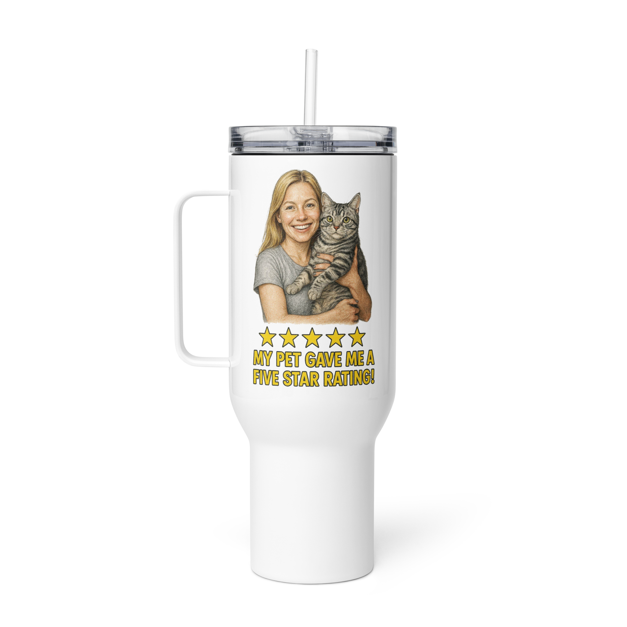 Blonde Woman Silver Shirt with an American Shorthair Cat Travel Mug