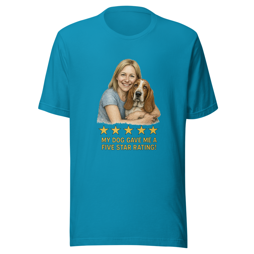 Blonde Woman with Basset Hound graphic tee - aqua