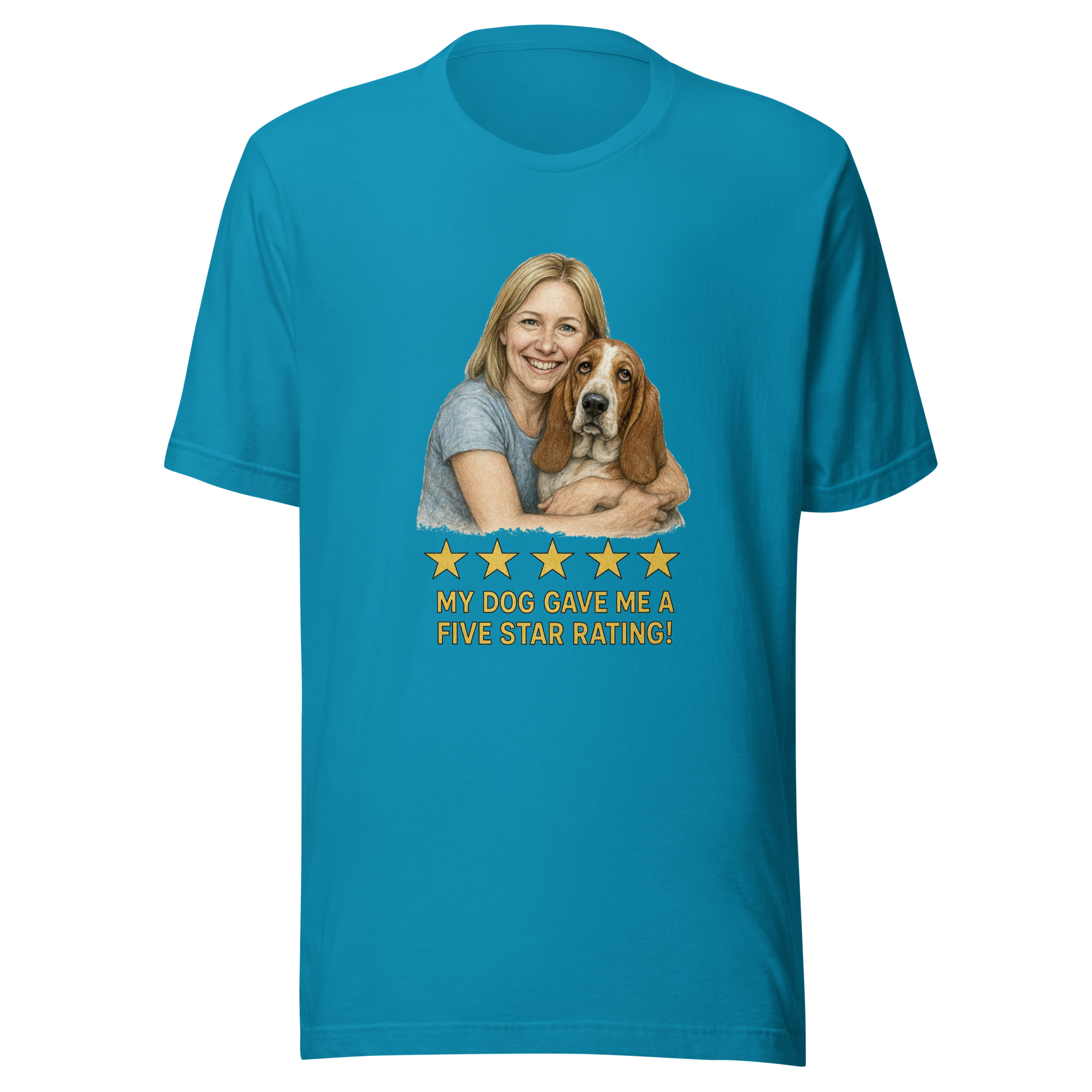 Blonde Woman with Basset Hound graphic tee - aqua