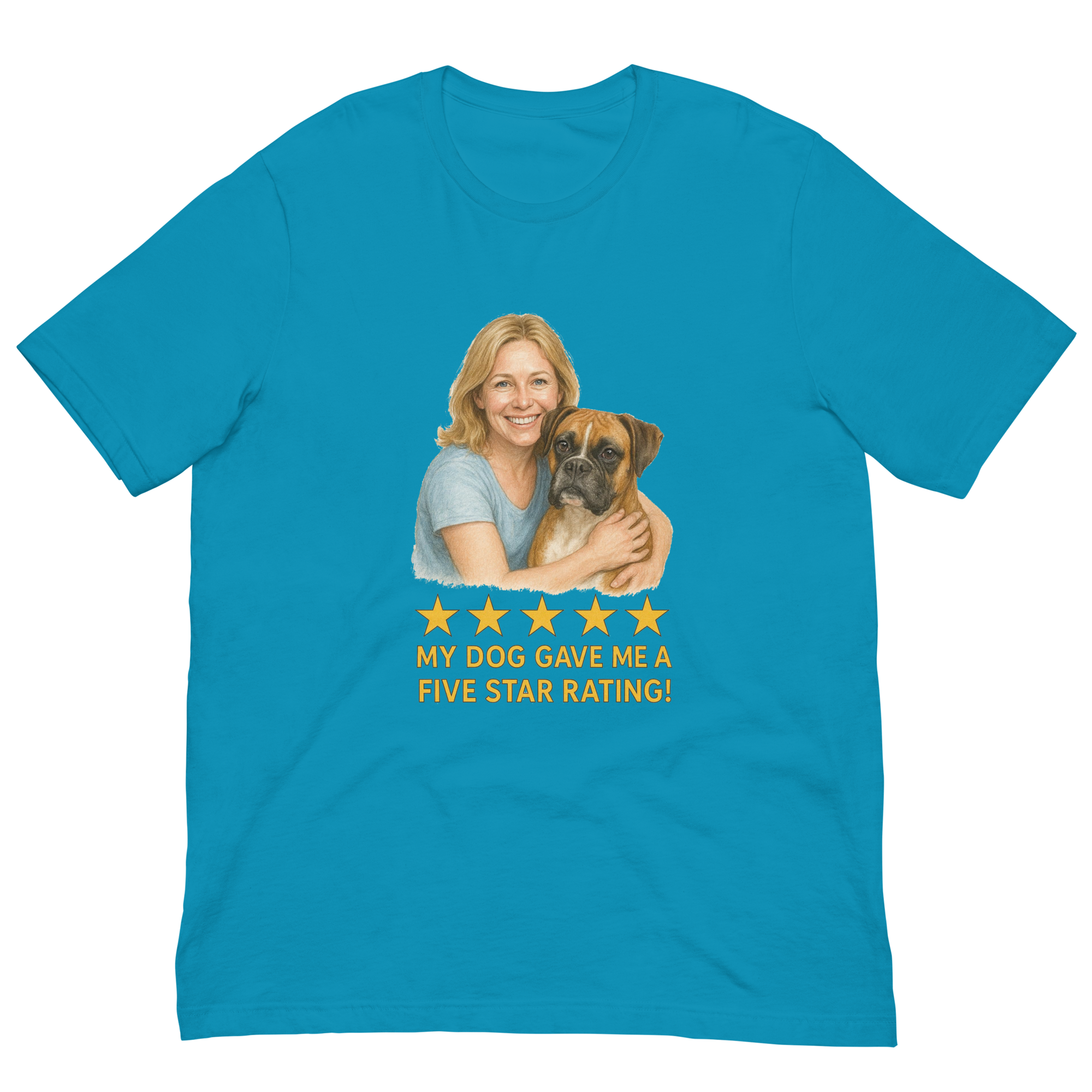 Blonde Woman with Boxer graphic tee - aqua