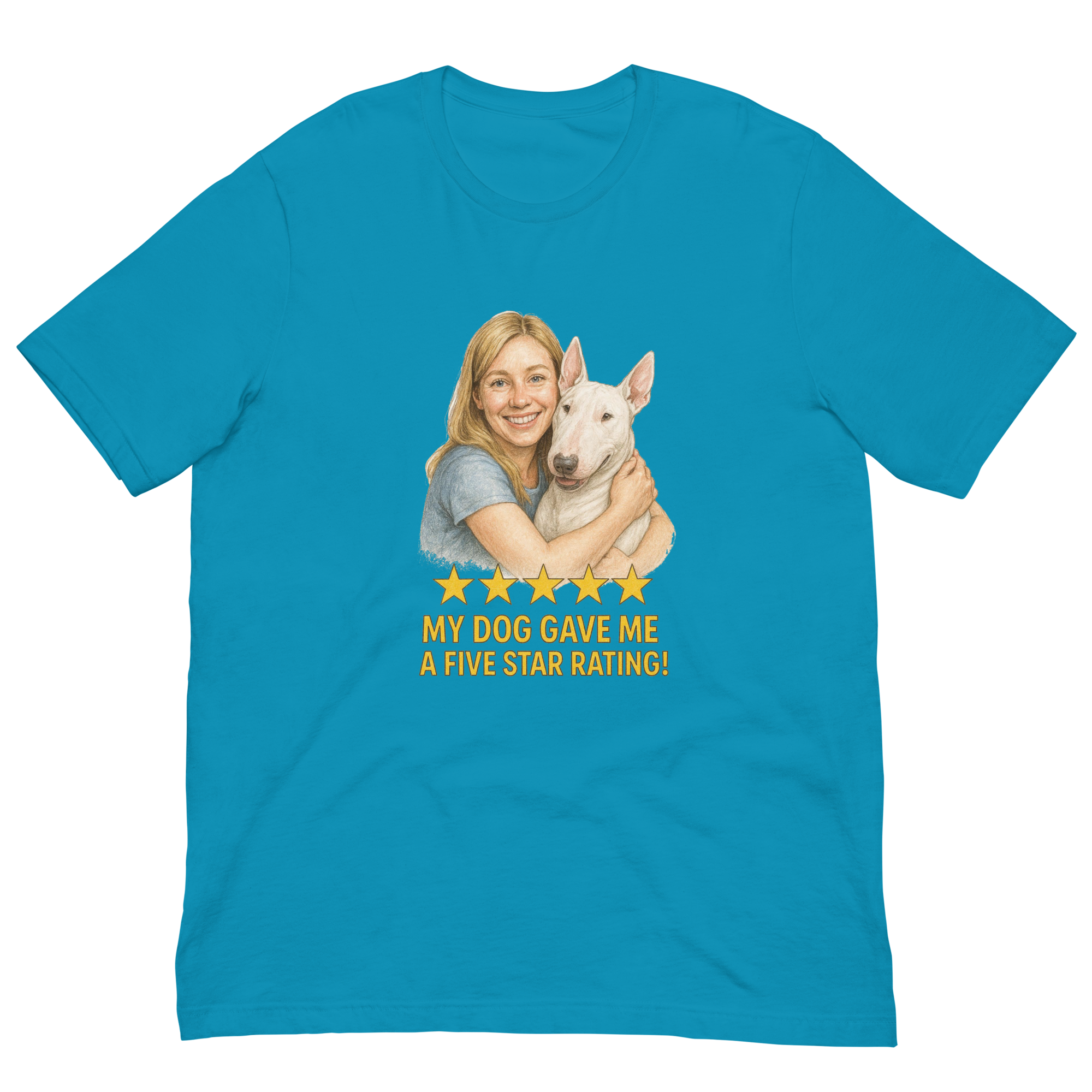 Blonde Woman with Bull Terrier graphic tee - aqua