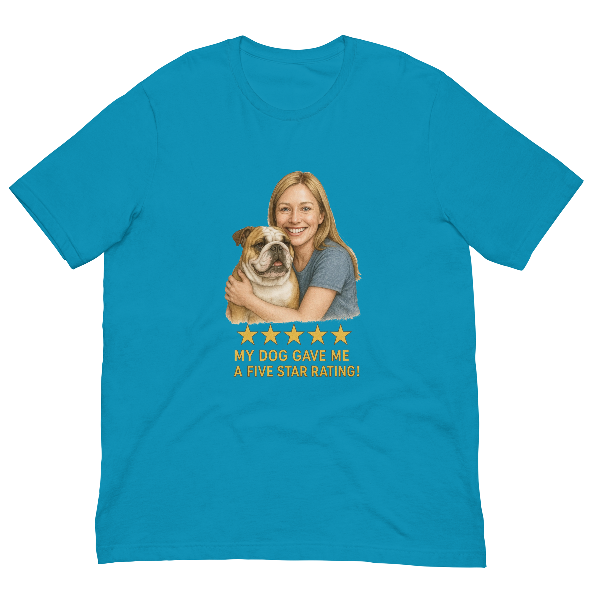 Blonde Woman with Bulldog graphic tee - aqua