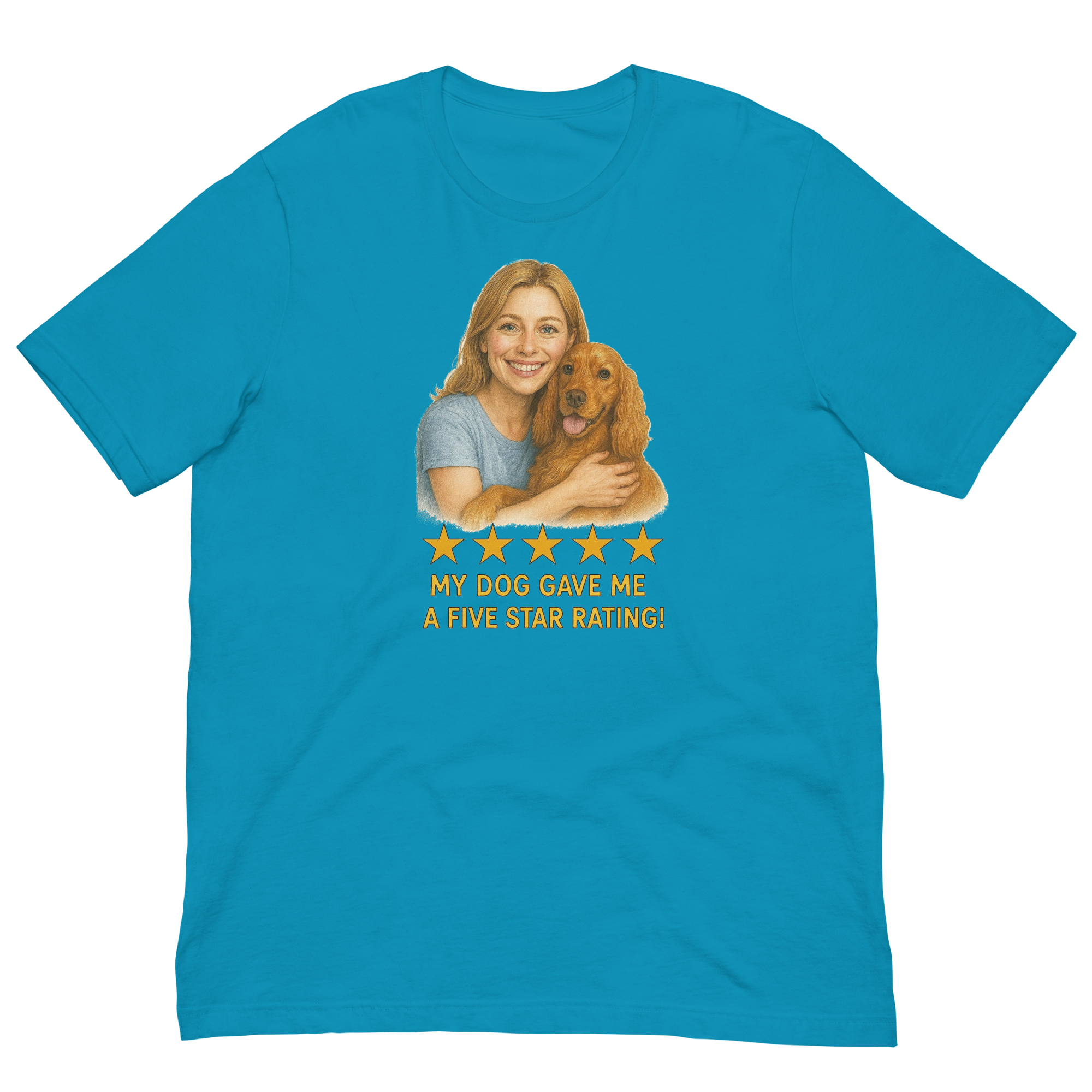 Blonde Woman with Cocker Spaniel graphic tee - aqua