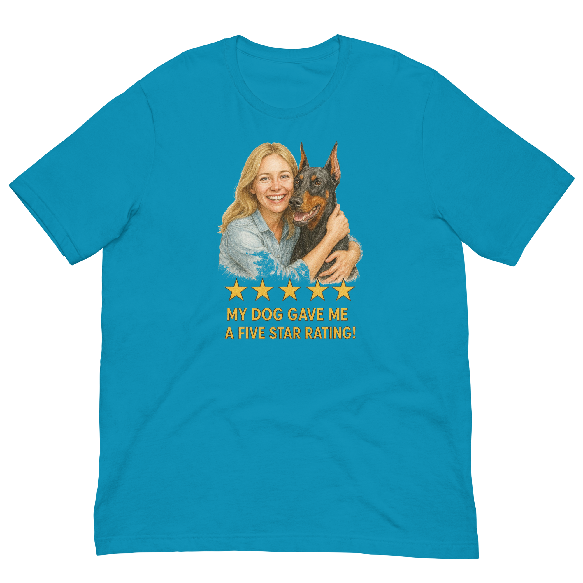 Blonde Woman with Doberman Pinscher graphic tee - aqua