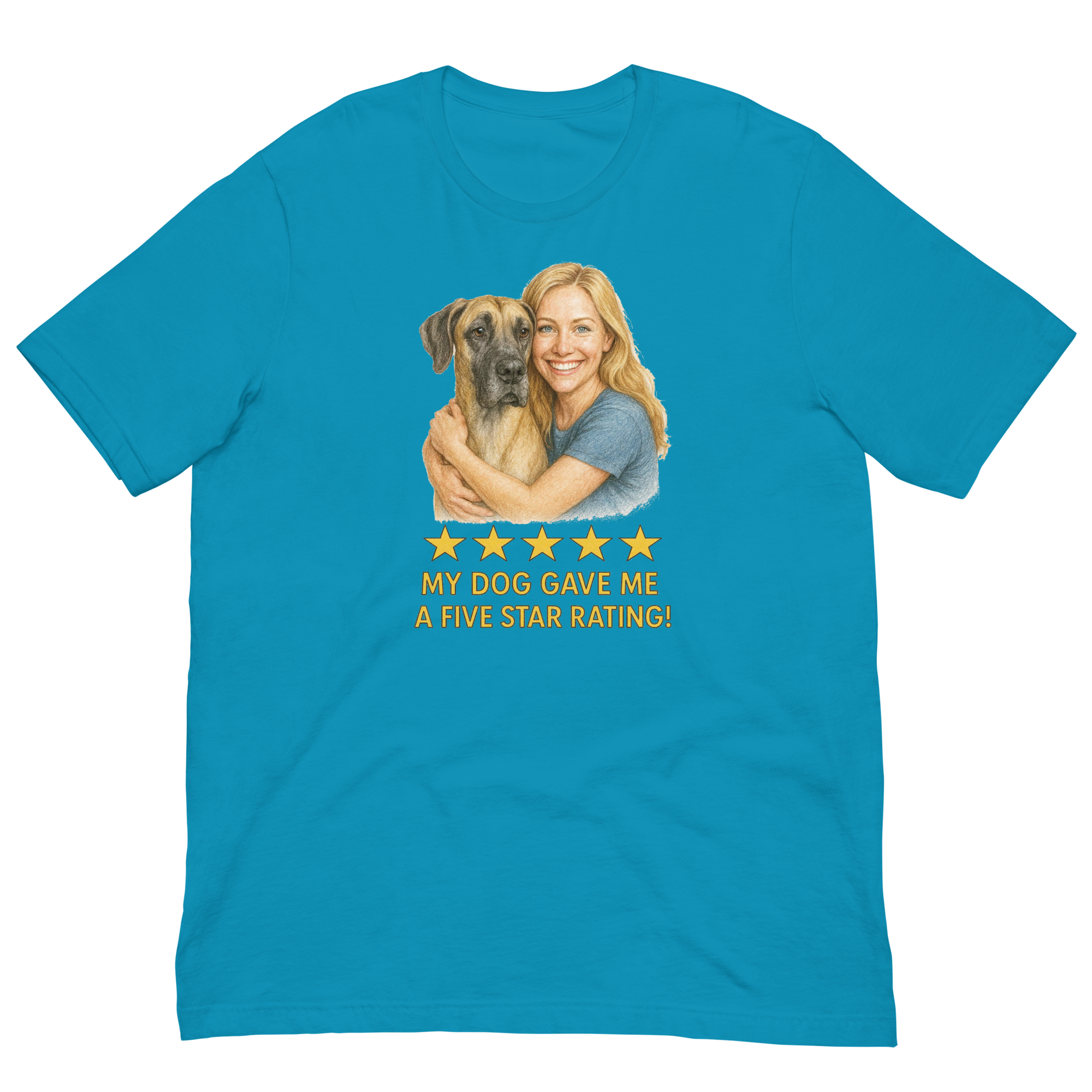 Blonde Woman with Great Dane graphic tee - aqua