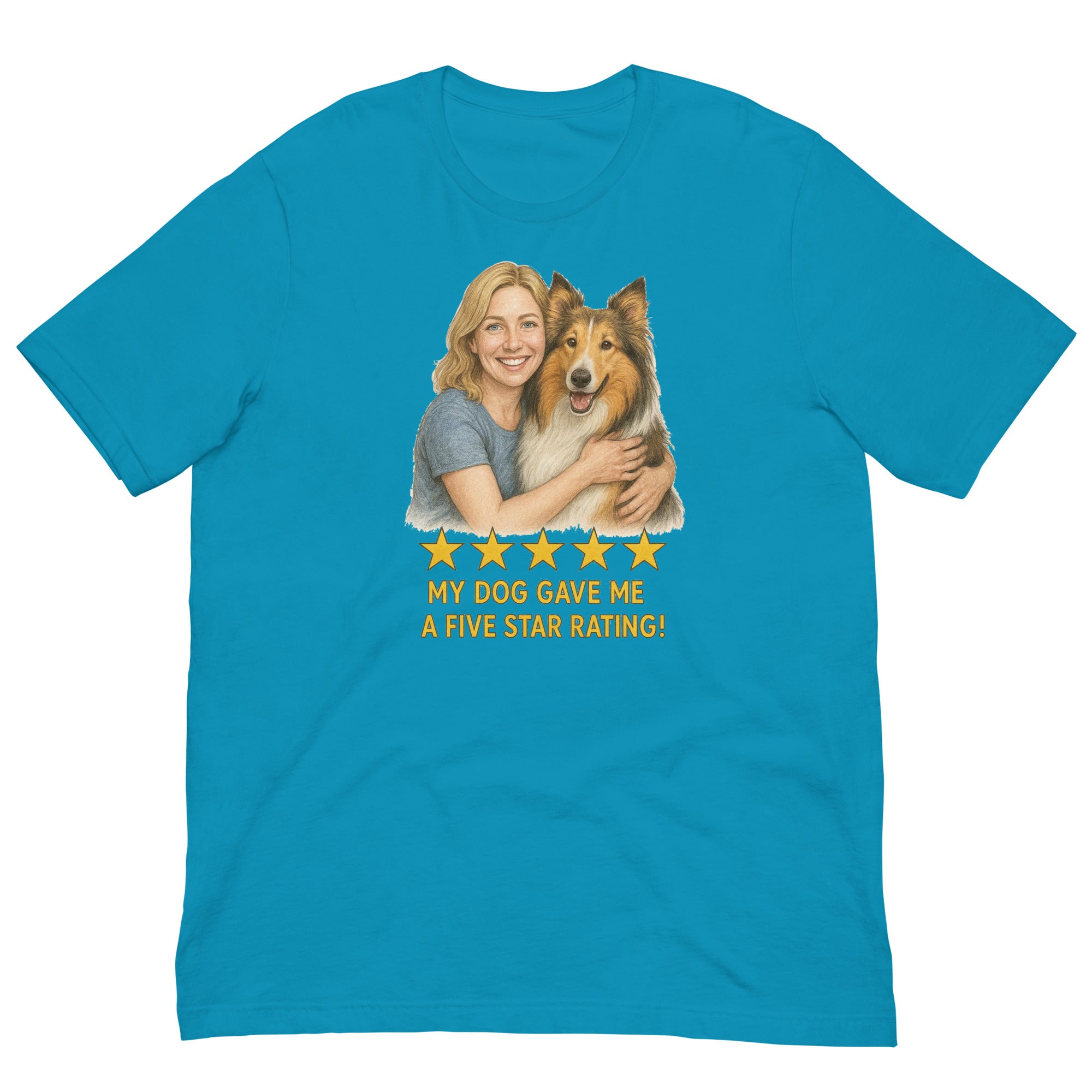 Blonde Woman with Collie graphic tee - aqua