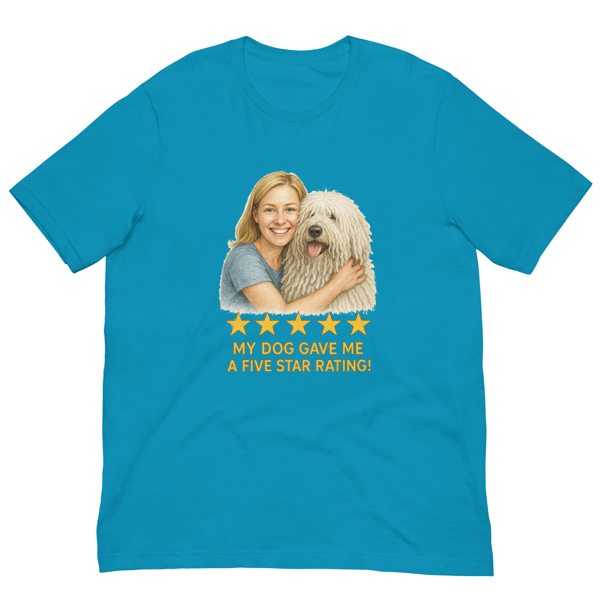 Blonde Woman with Komondor graphic tee - aqua