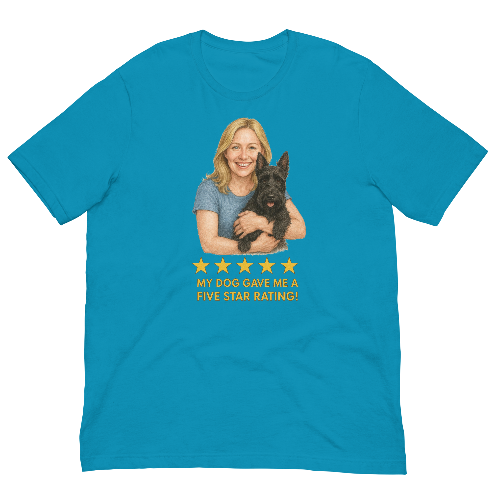 Blonde Woman with Scottie graphic tee - aqua