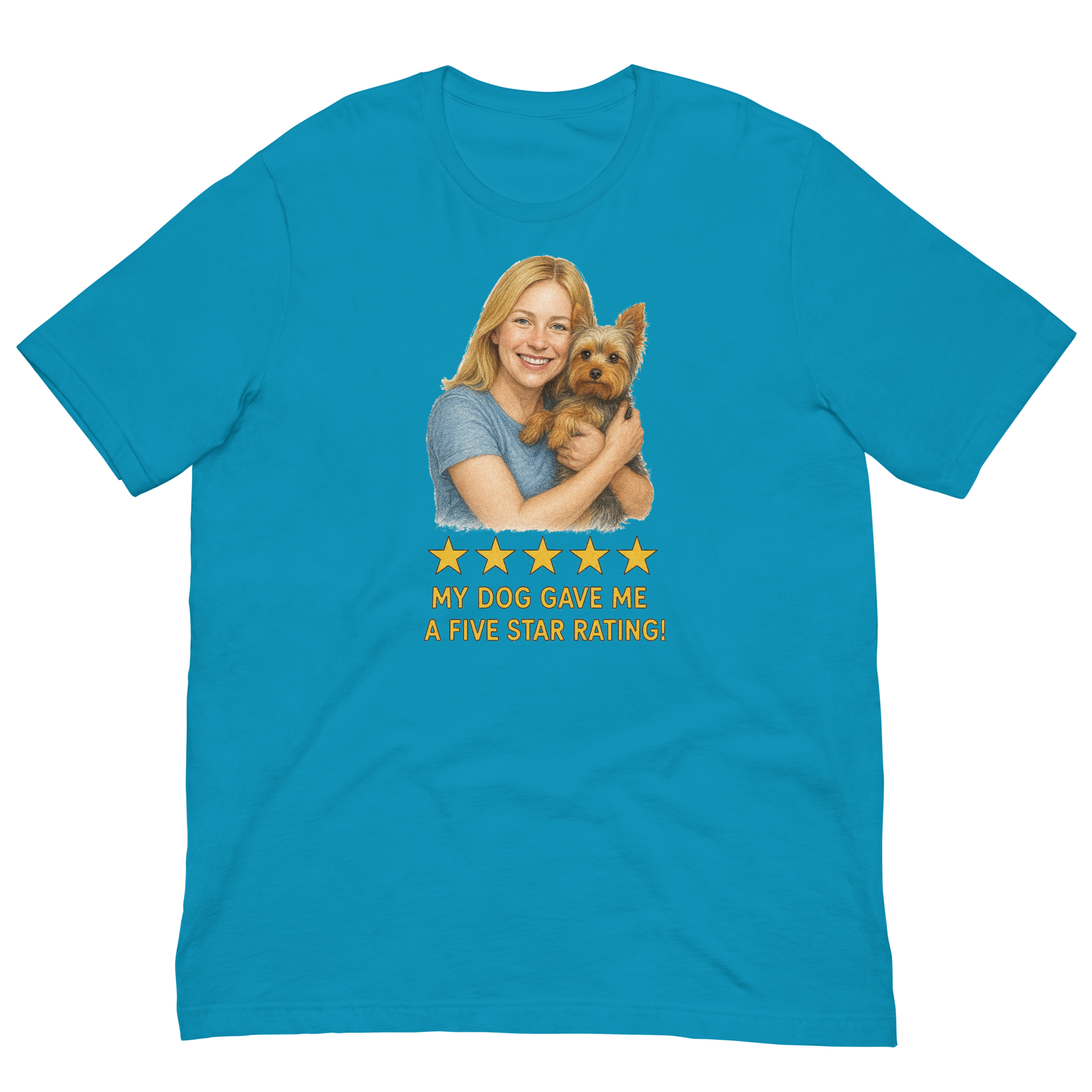 Blonde Woman with Yorkie graphic tee - aqua