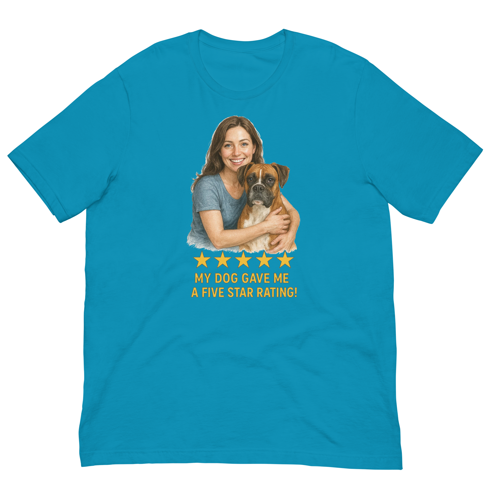 Brunette Woman with Boxer graphic tee - aqua