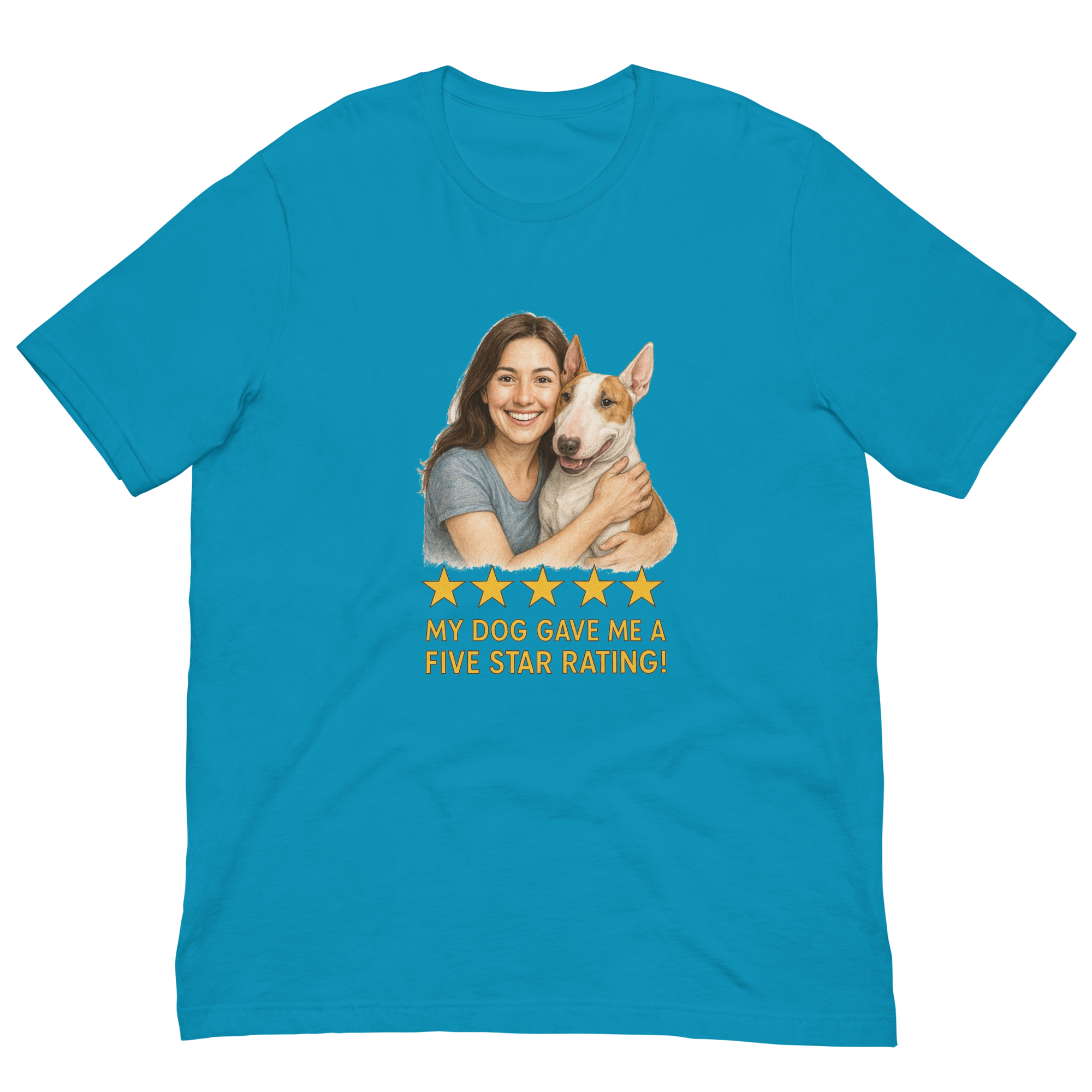 Brunette Woman with Bull Terrier graphic tee - aqua