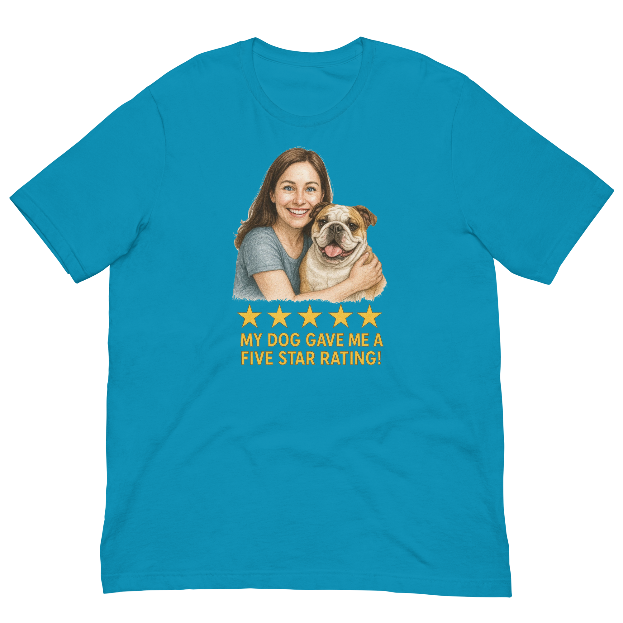 Brunette Woman with Bulldog graphic tee - aqua