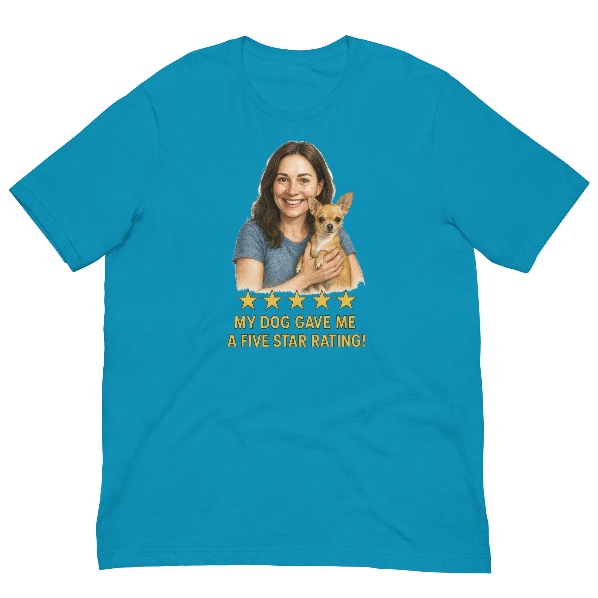 Brunette Woman with Chihuahua graphic tee - aqua