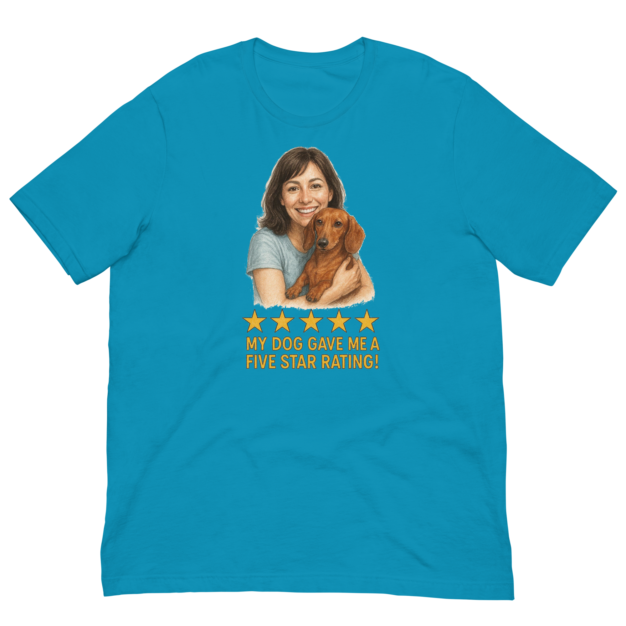 Brunette Woman with Dachshund graphic tee - aqua
