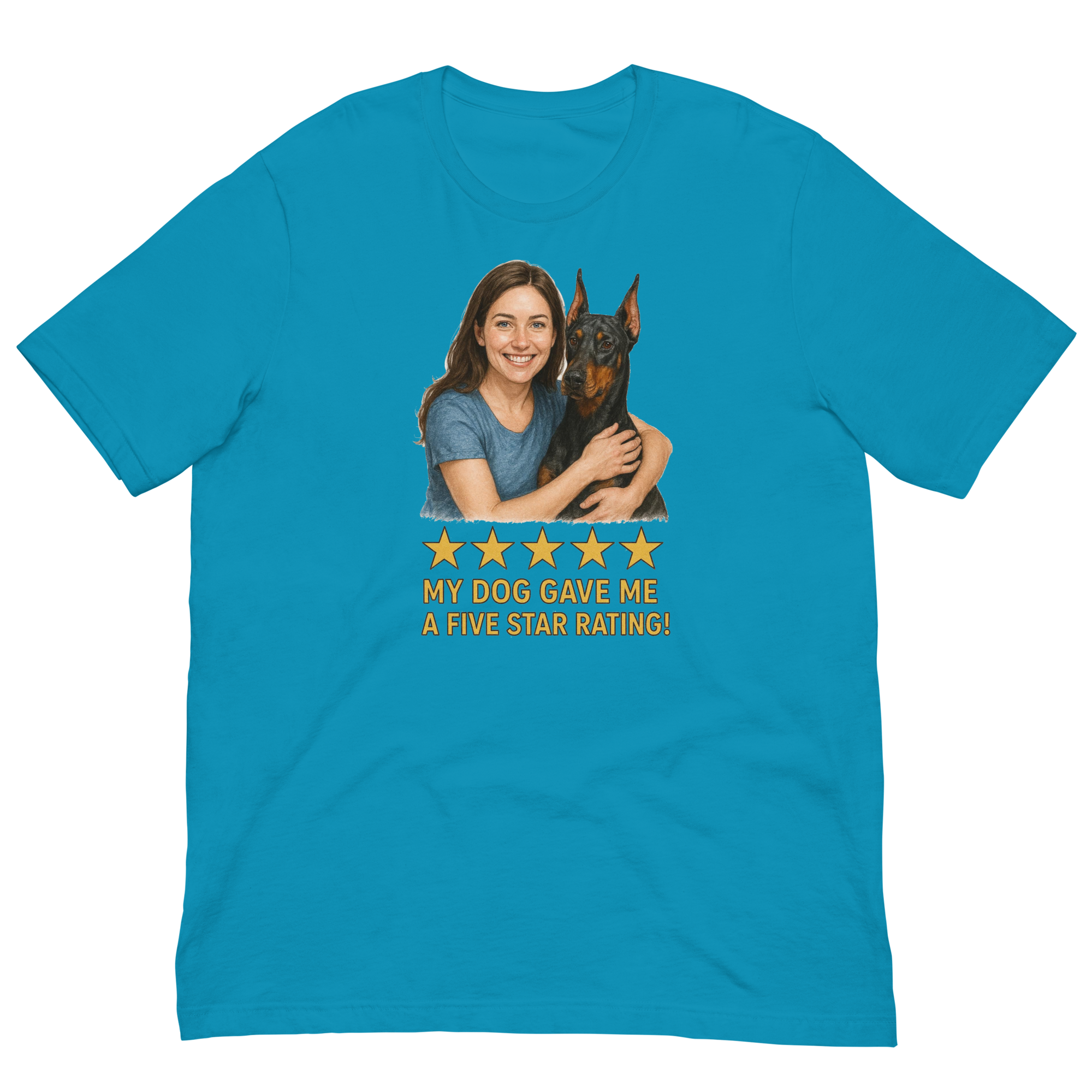 Brunette Woman with Doberman Pinscher graphic tee - aqua