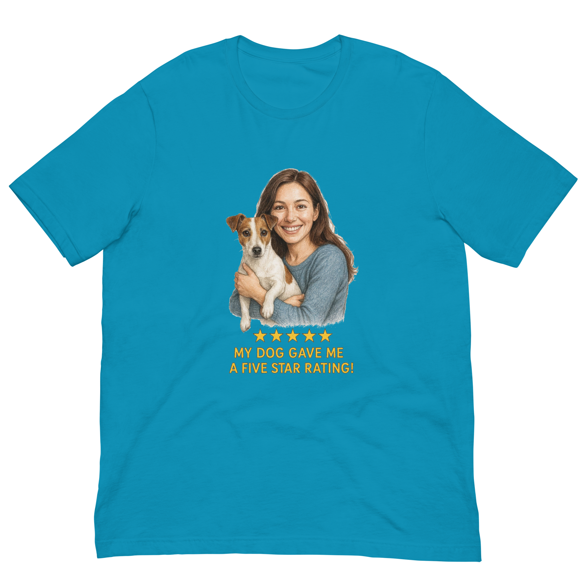 Brunette Woman with Jack Russell Terrier graphic tee - aqua