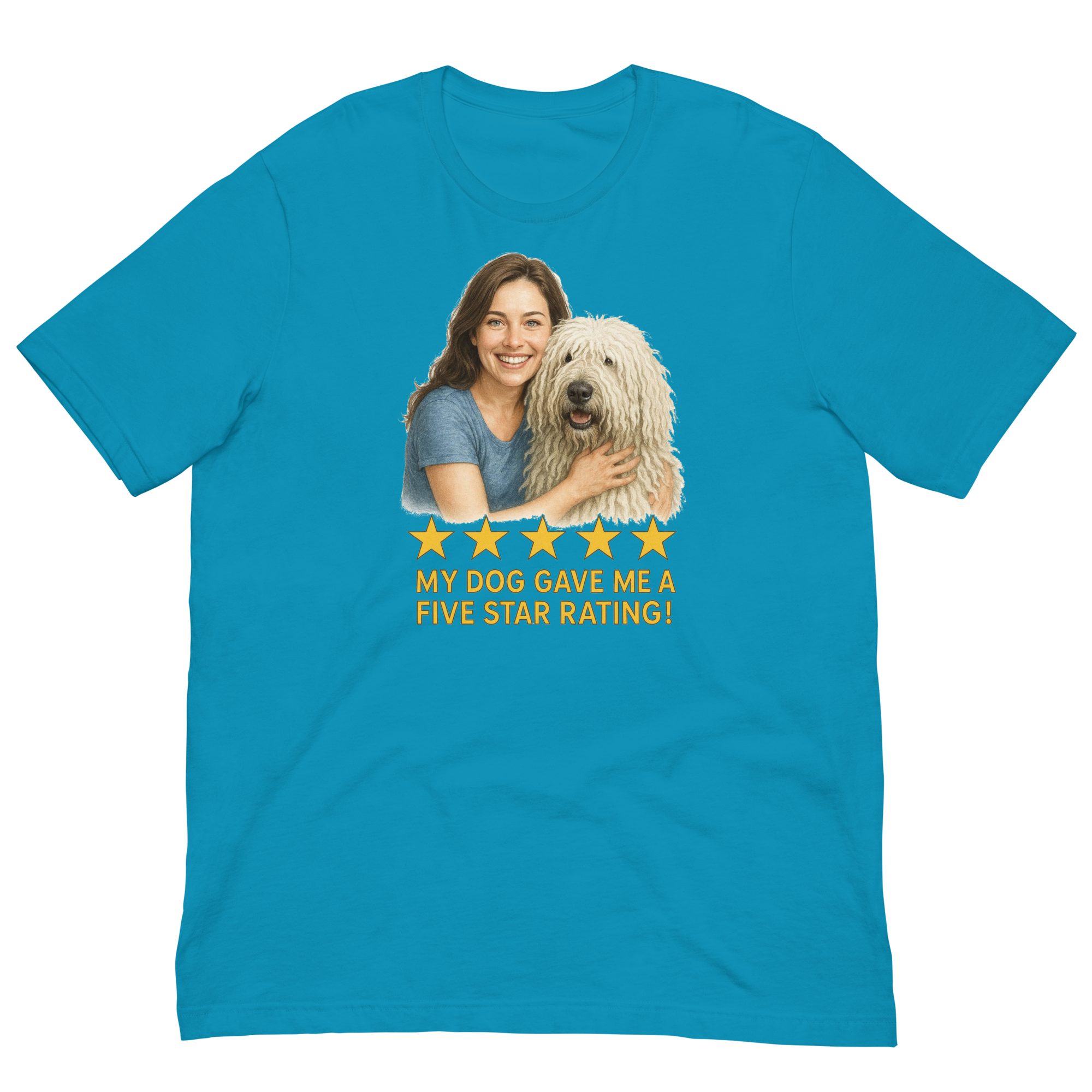 Brunette Woman with Komondor graphic tee - aqua